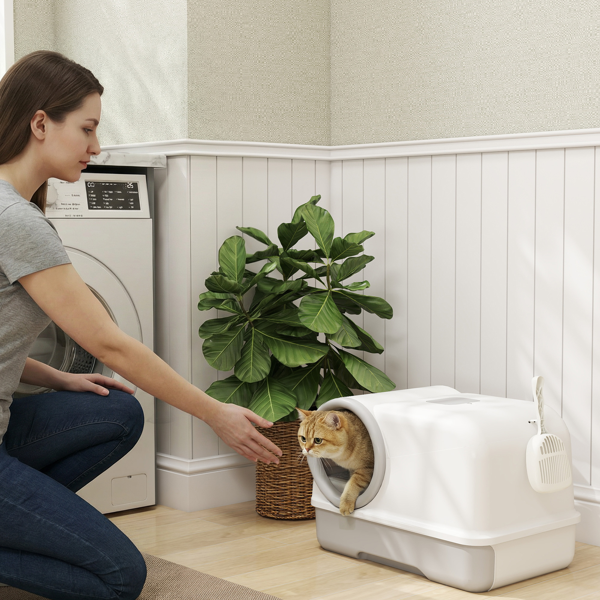 Katzentoilette mit Deckel Schaufel ausziehbares Tablett 2 Aktivkohlefilter für Katzen bis 5 kg 59x39,5x39,5cm Weiß+Grau