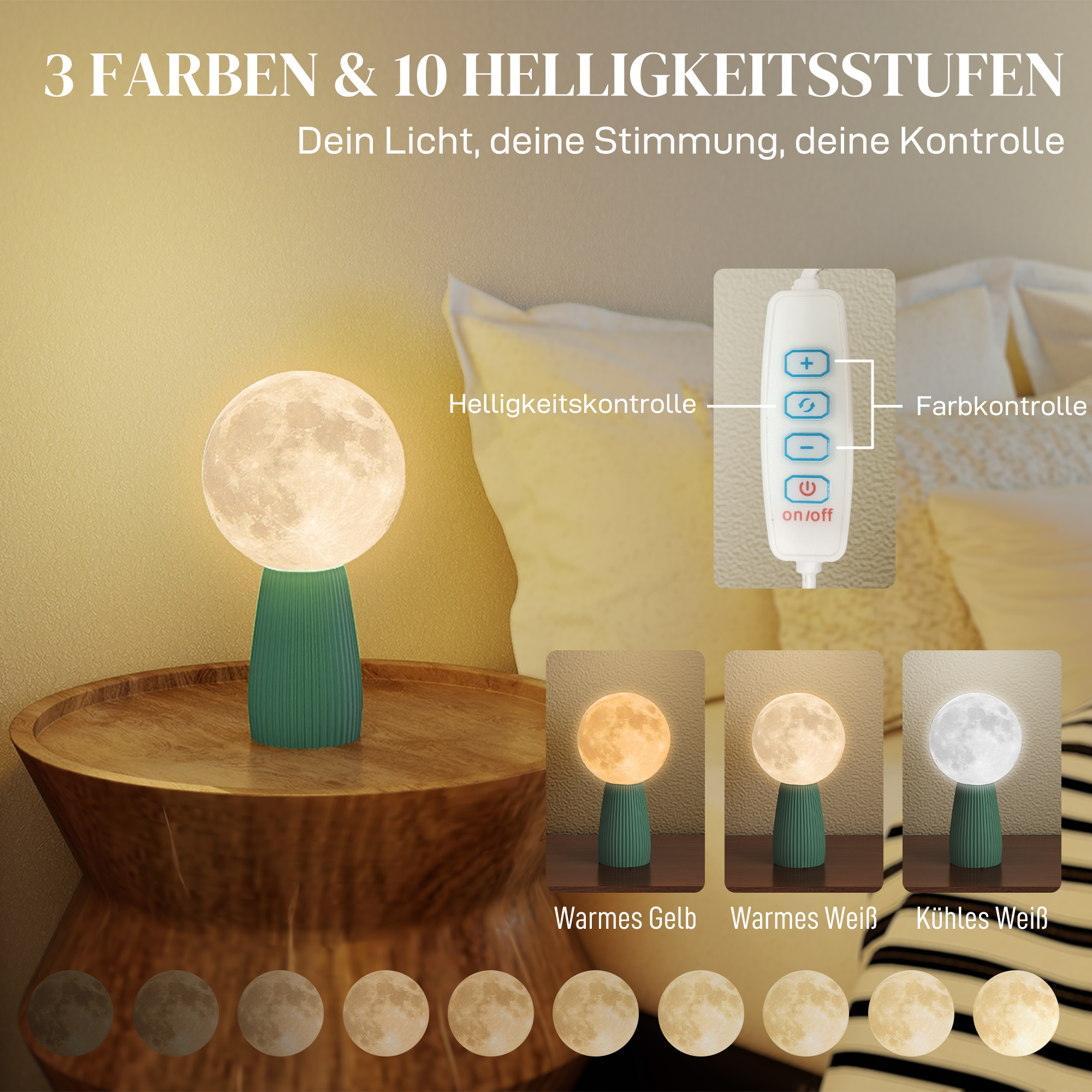 Tischlampen-Set in Planeten-Optik, 3-farbig, USB, Kunststoff, Weiß