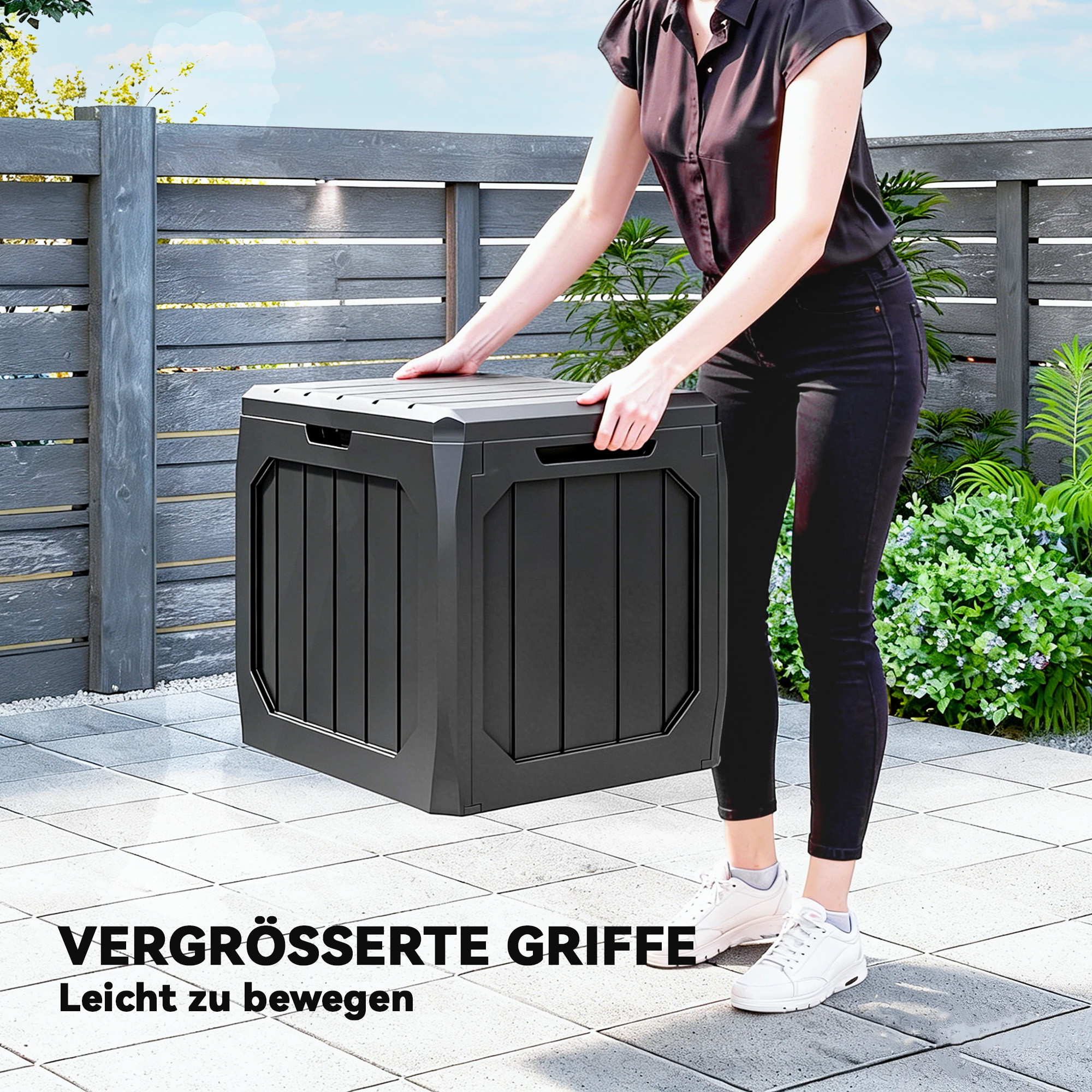 121L Kunststoff Garten-Aufbewahrungsbox, Outdoor-Aufbewahrungsbox mit Griffen, Schwarz
