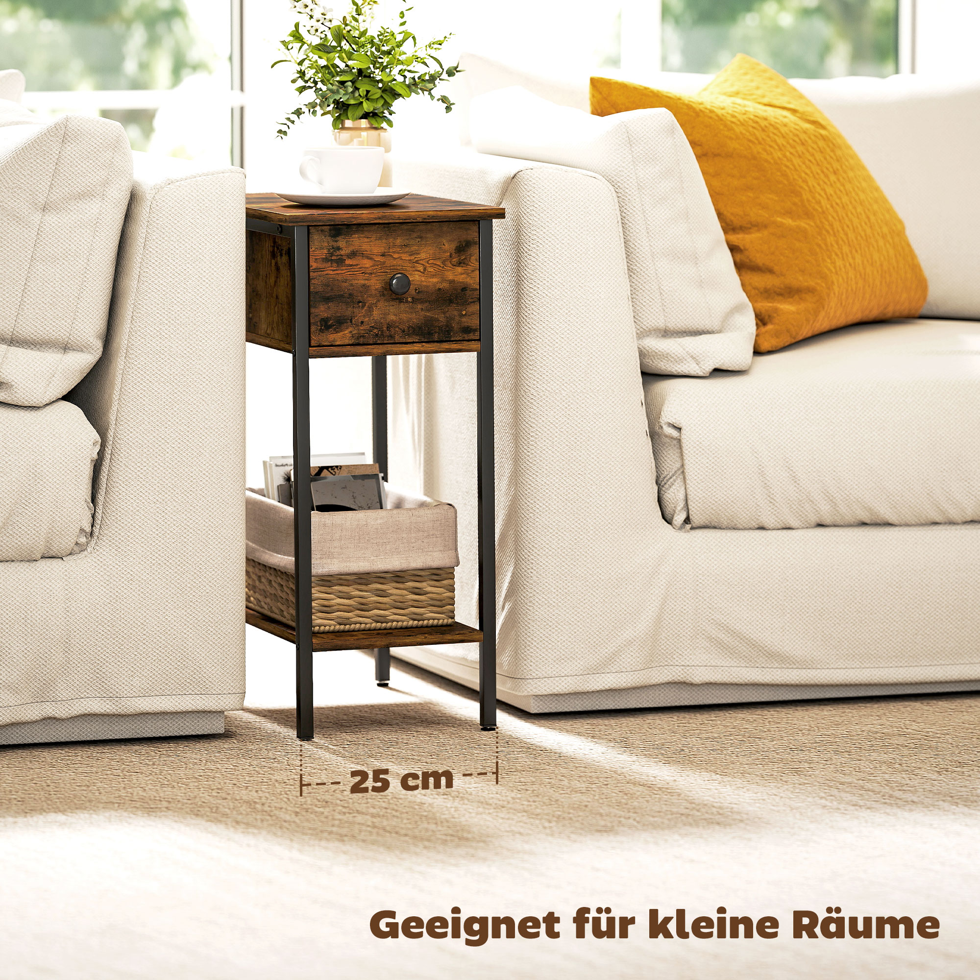 Beistelltisch mit offenem Fach und Schublade, Nachttisch, Metallbeine, Holz, Braun