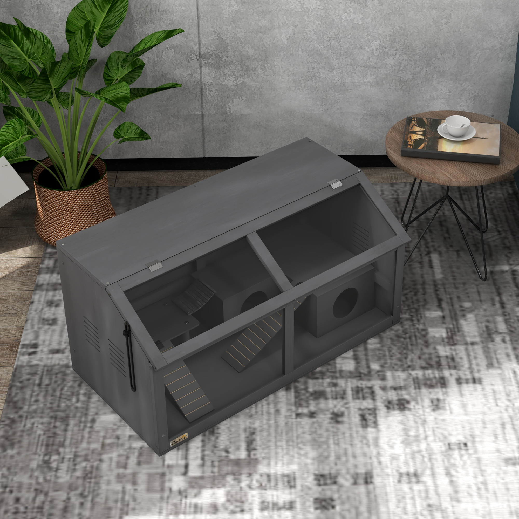 Hamsterkäfig, Kleintierkäfig aus Holz, Hängebrücke, Leitern, Hütte, 84 x 45 x 44 cm, für Zwerghamster, Grau