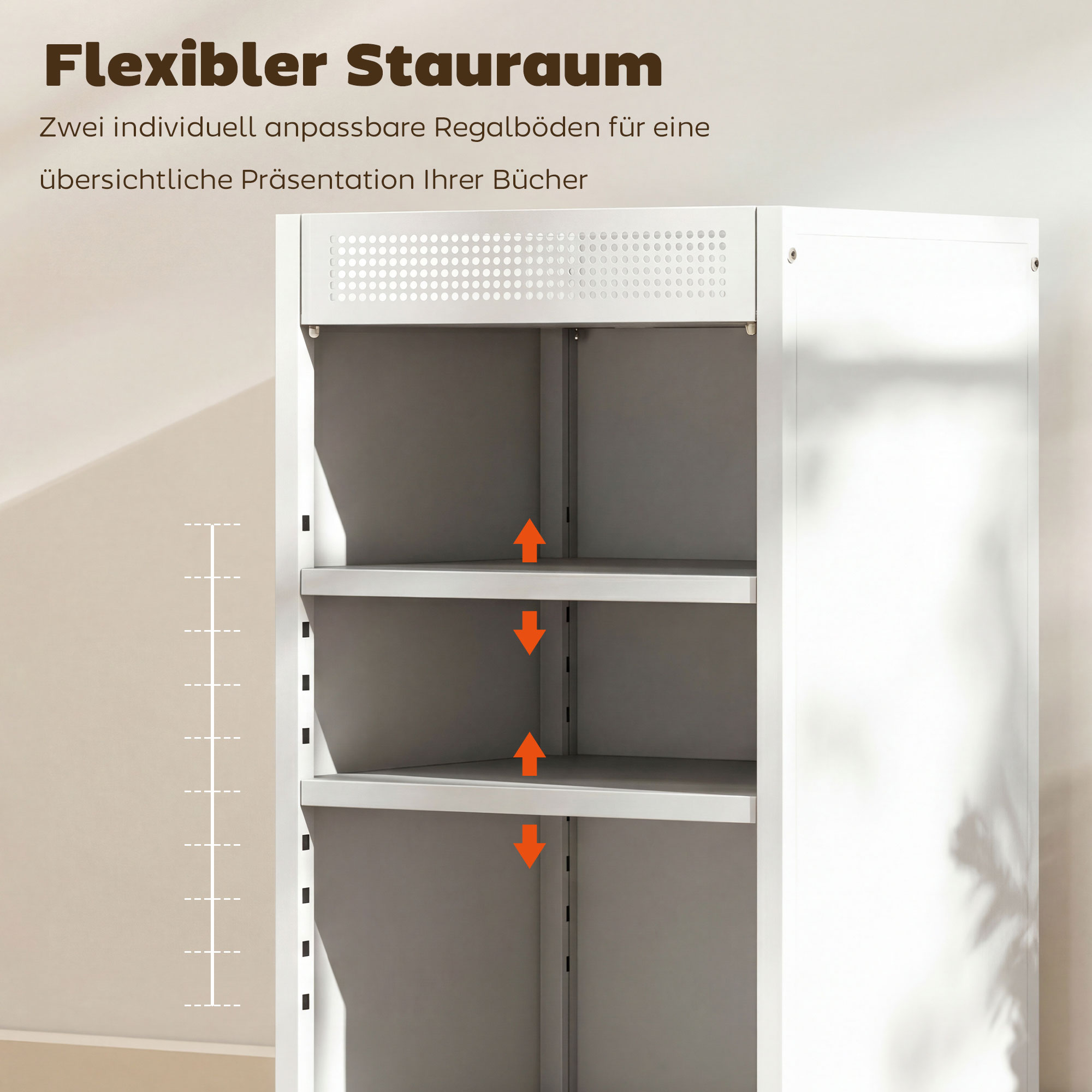 Bücherregal mobil mit verstellbaren Regalen, 3-stufiger Rollwagen mit oberem Korb, Weiß