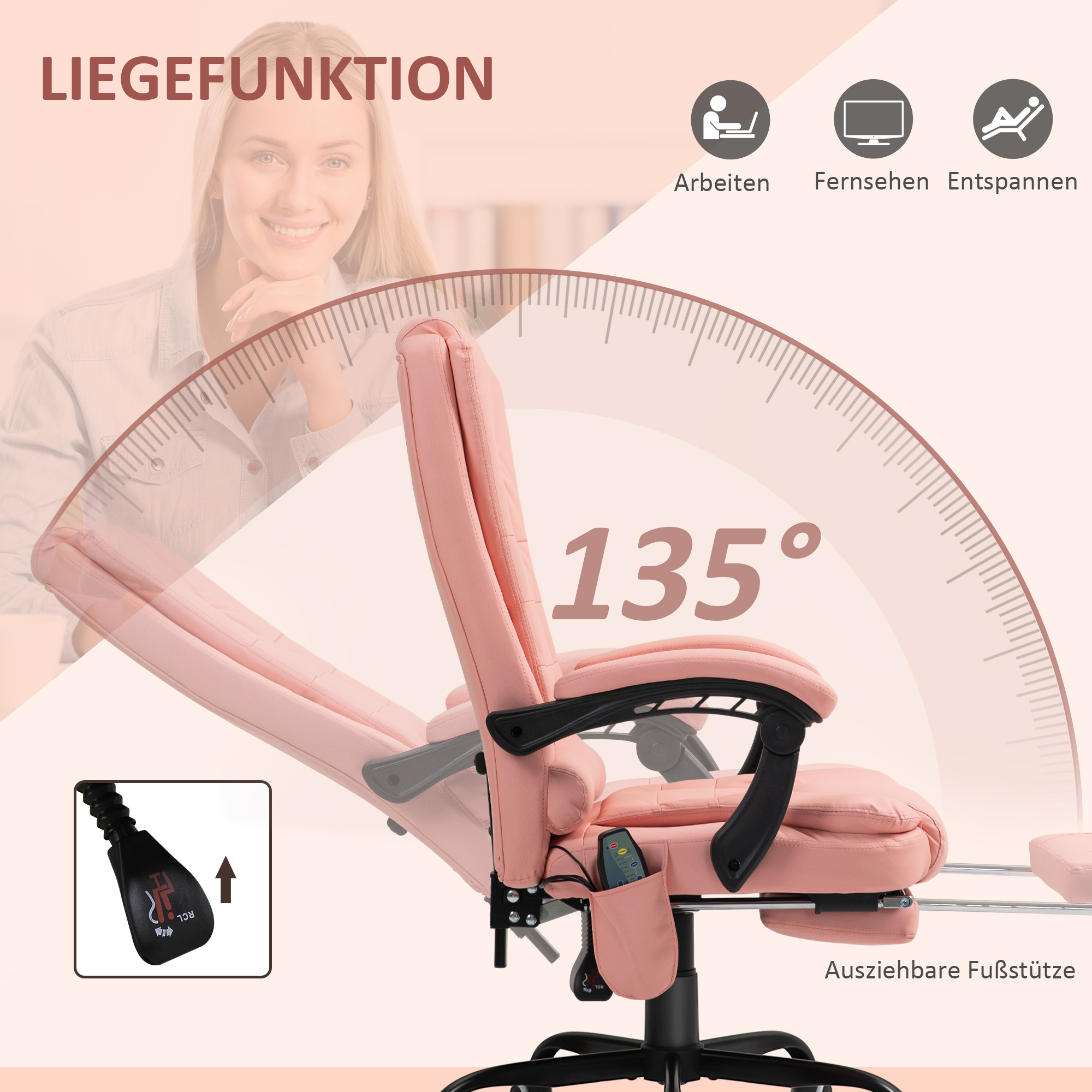 Massage-Bürostuhl, 7 Vibrationspunkte, verstellbare Fußstütze & Lehne, bis 120 kg, Lederoptik, Rosa