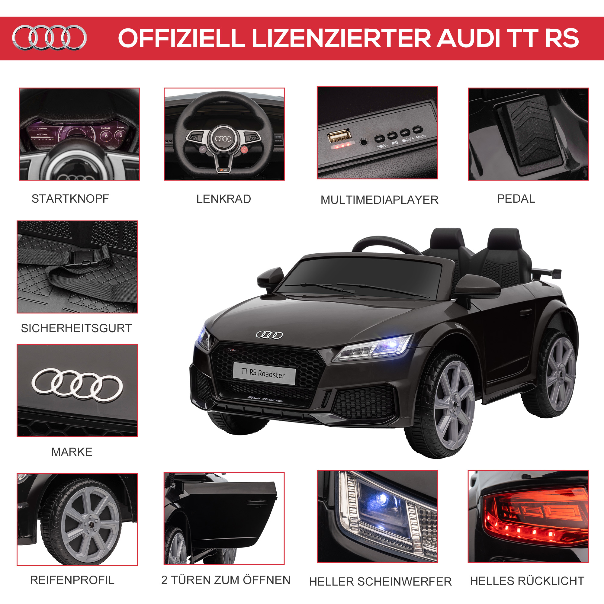 Kinder-Elektroauto Audi, mit 2,4G Fernbedienung, Musik, Hupe, LED, USB, für Kinder 3-5 Jahre, Schwarz