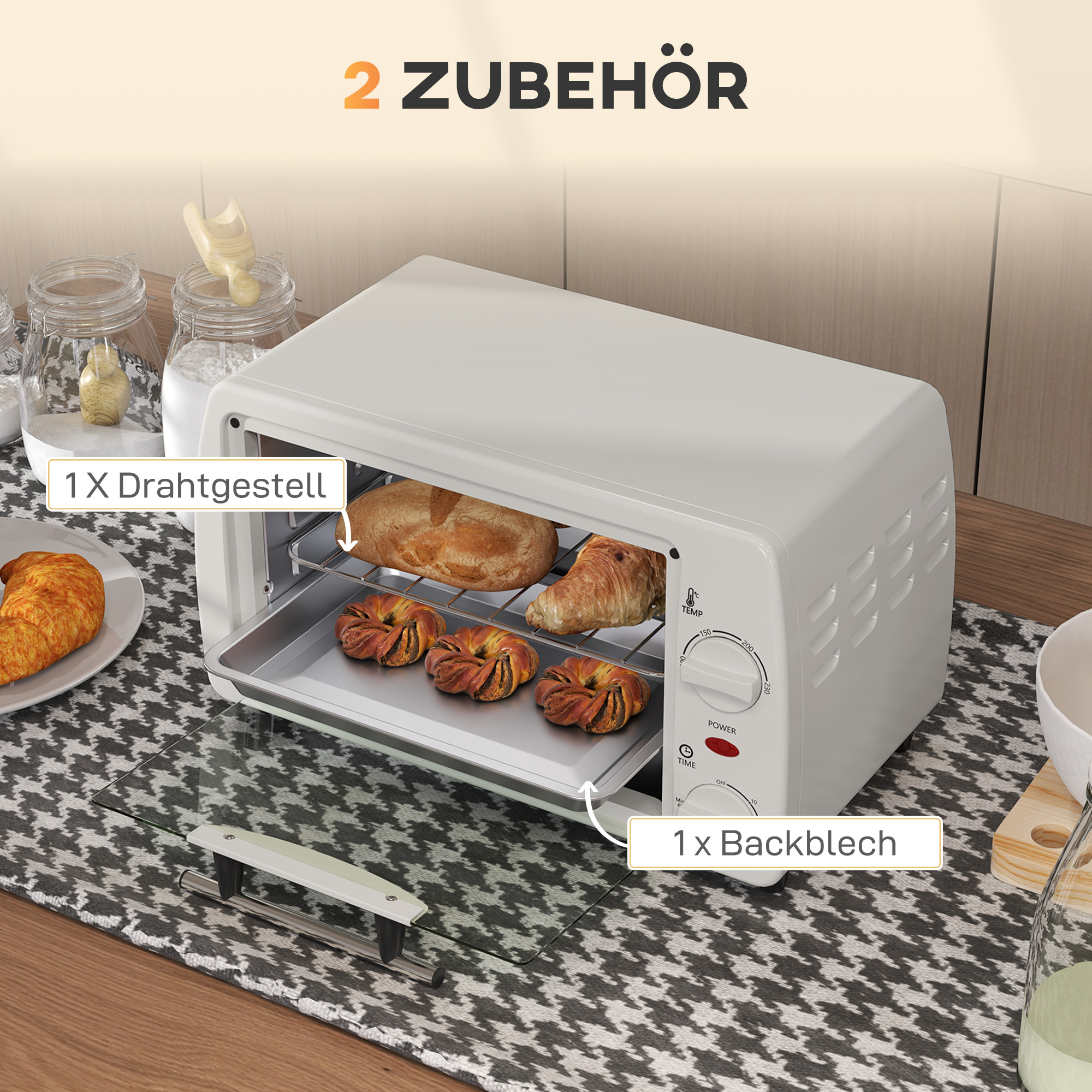Mini-Ofen Toasterofen, 1 Backblech, 1 Grilrost, 10 L Kapazität, Timer-Funktion, 36,5 cm x 26 cm x 22 cm, Cremeweiß
