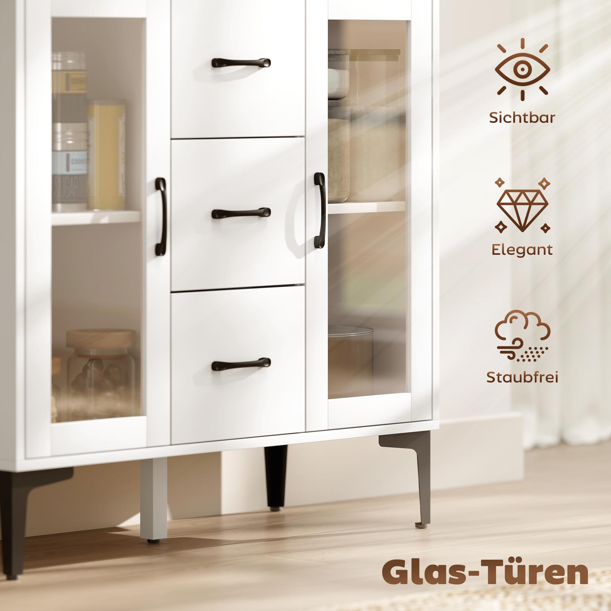 Modernes Sideboard mit Soft-Close-Türen, Buffetschrank mit 3 Schubladen, 2 Glastüren, verstellbare Regale, MDF, Weiß