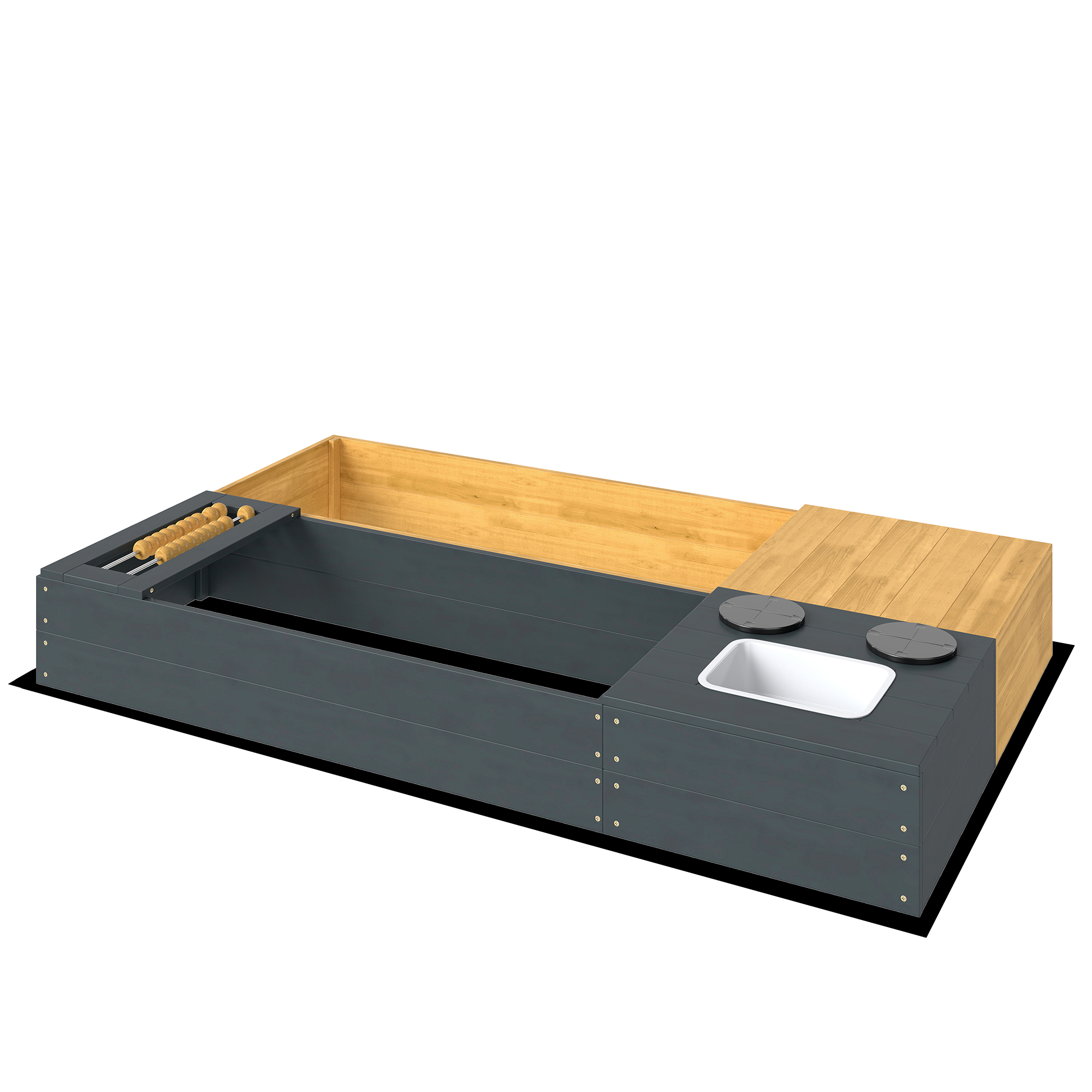 Sandkasten 2-teilig 150x90cm Holz Sandkiste mit Sitzbank Stauraum Herd herausnehmbarem Waschbecken Abakusperlen Gelb