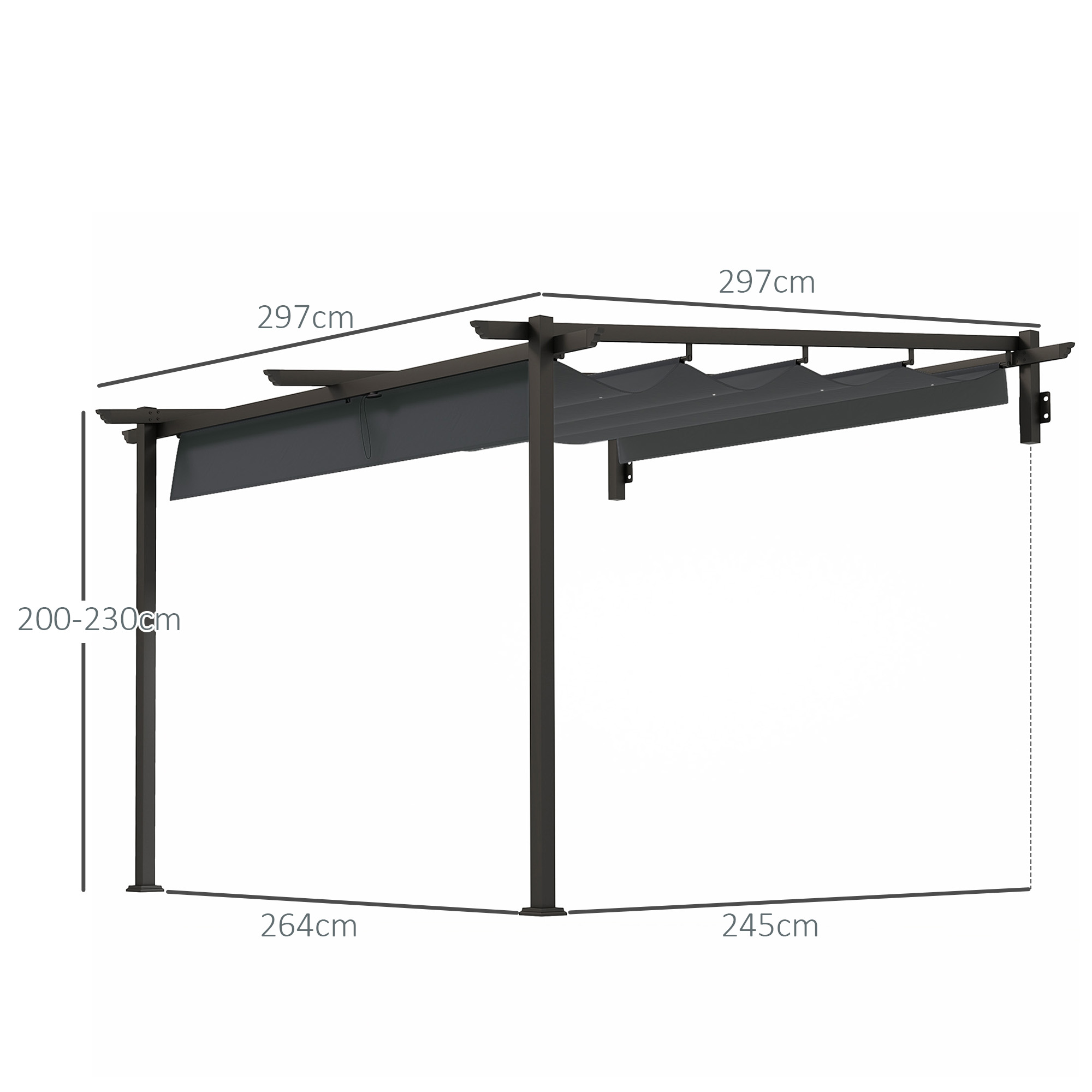 Pavillon, 3 x 3 m Pergola, Winddichtes Terrassendach, Wandmontage, Verstellbares Dach, für Garten, Terrasse, Dunkelgrau