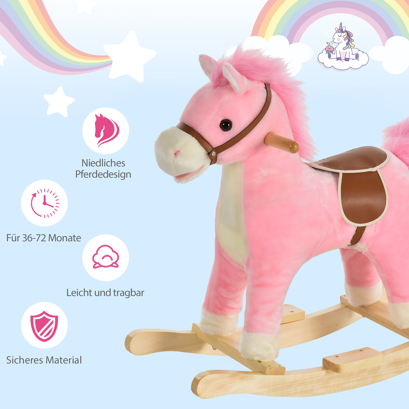 Kinder Schaukelpferd Baby Schaukeltier Pferd mit Tiergeräusche Spielzeug Haltegriffe für 36-72 Monate Plüsch Rosa 65 x 32,5 x 61 cm