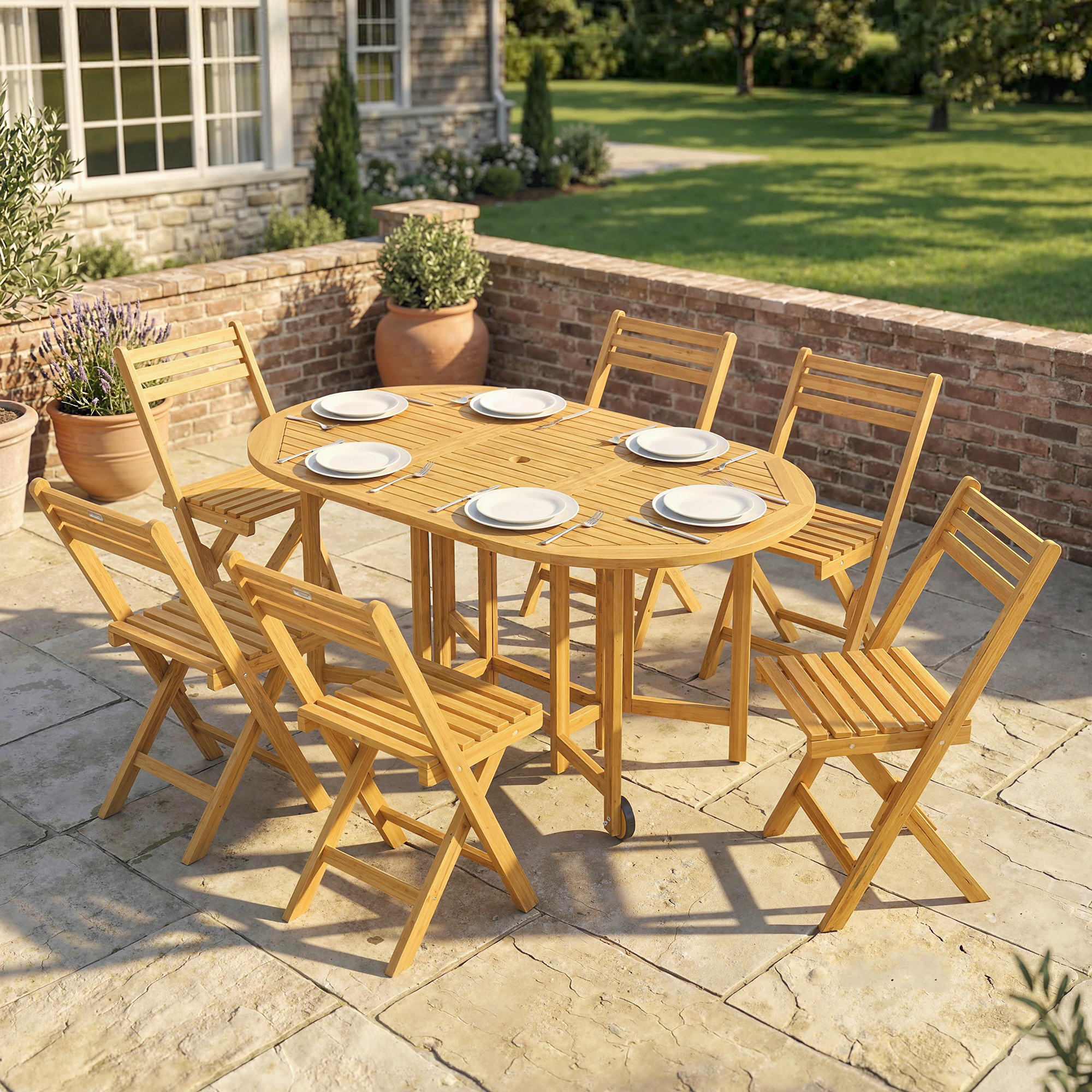 Gartenmöbel Set FSC Holz Sitzgruppe 7-teilig Klappbar Tisch mit 6 Klappstühlen Schirmloch Lamellendesign
