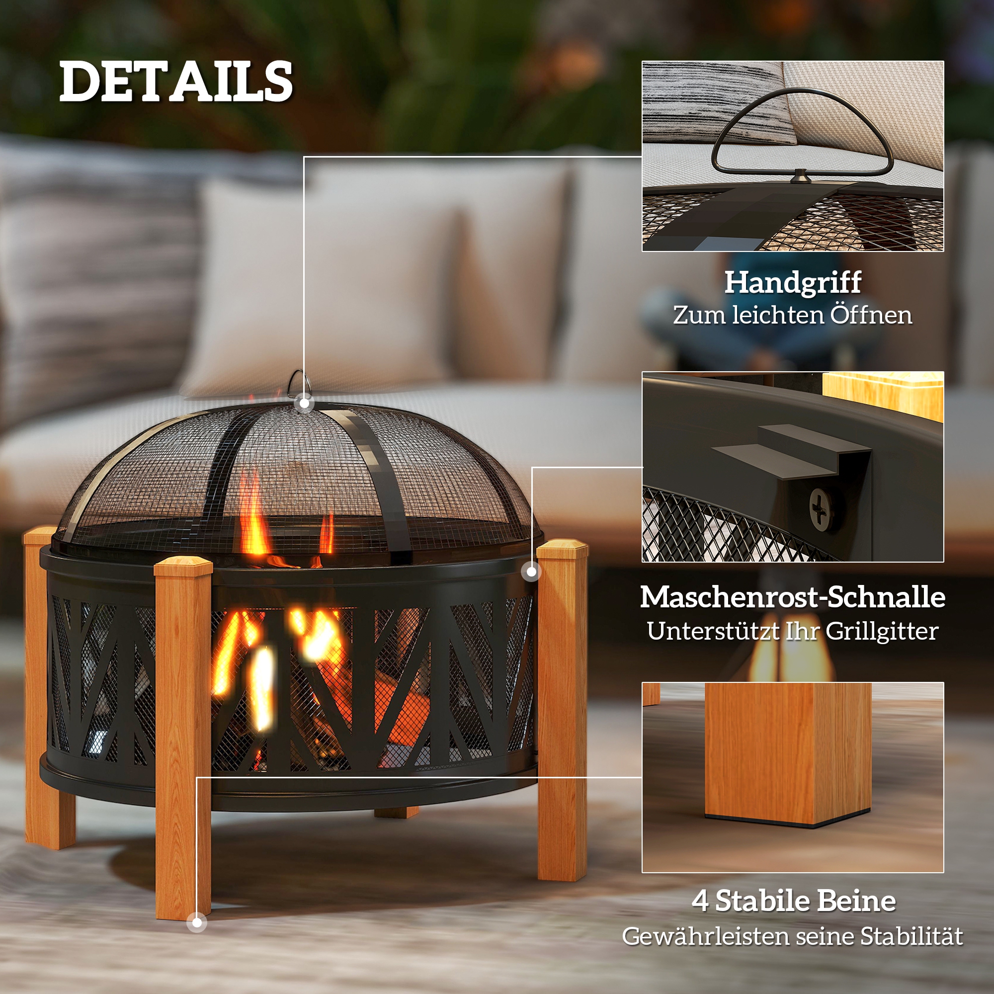 2-in-1 Feuerschale Ø75 x 58 cm Feuerstelle mit Funkenschutz Schürhaken Grillrost Schwarz