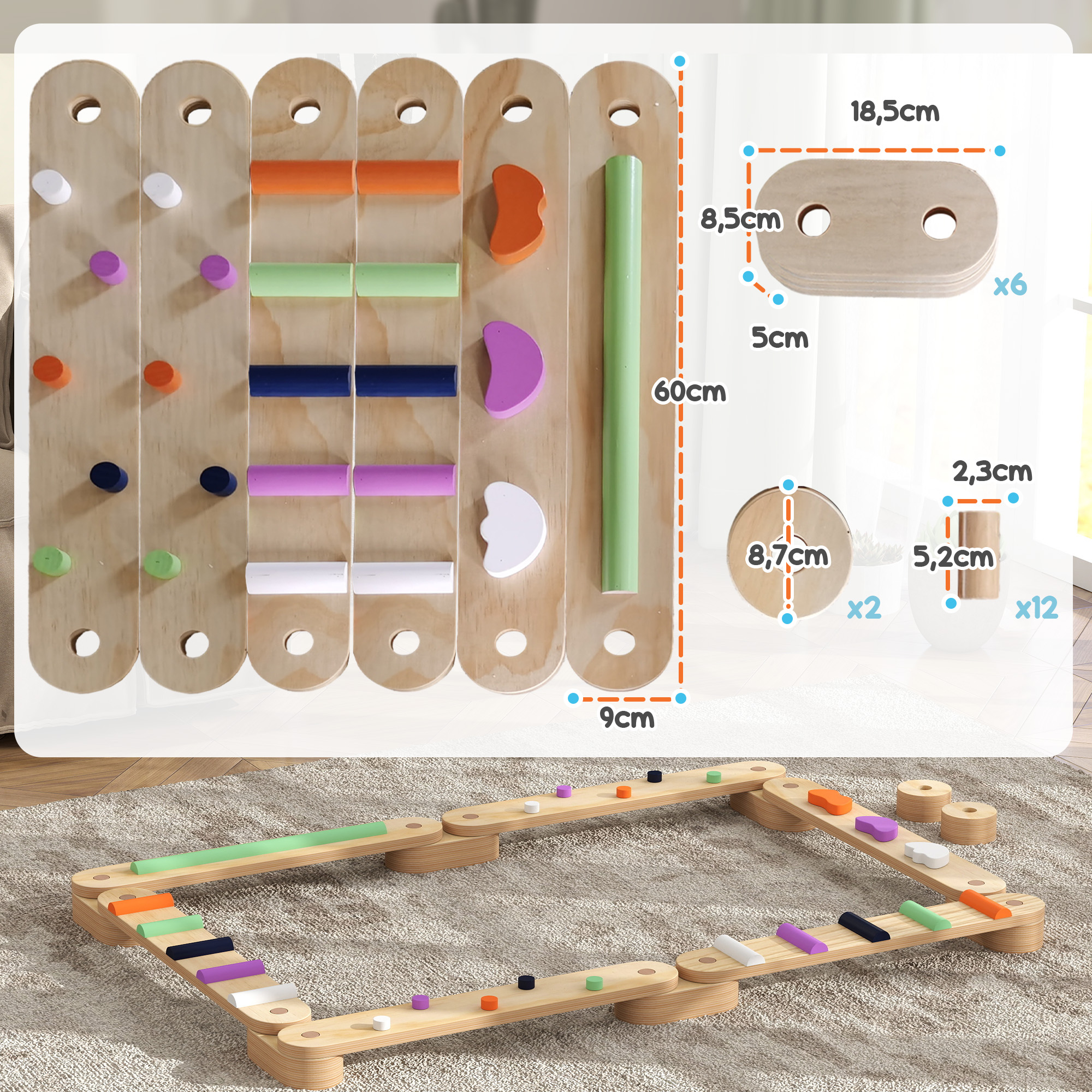 Balancebalken-Kinderset aus Holz, für Kinder von 3-8 Jahren, zweiseitige Balancebretter für spielerische Koordination