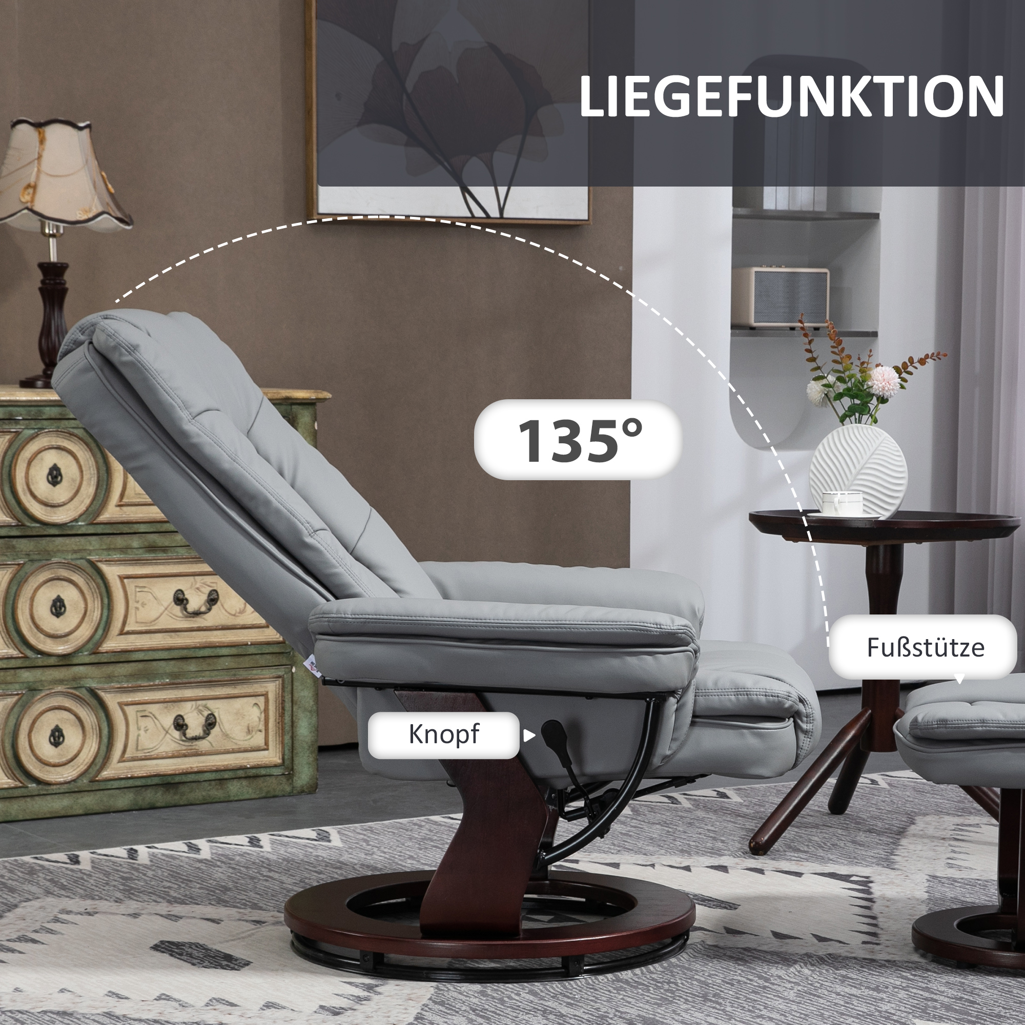 Relaxsessel mit Hocker, Liegesessel, drehbar, neigbare Lehne, Lederoptik, bis 130 kg, Grau