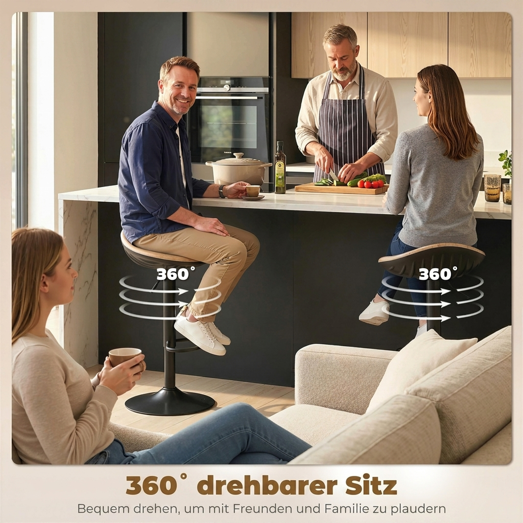Barhocker 2er Set Drehbar Barstuhl mit Fußstütze Höhenverstellbar Tresenhocker mit Holzoptik, für Küche, Eiche
