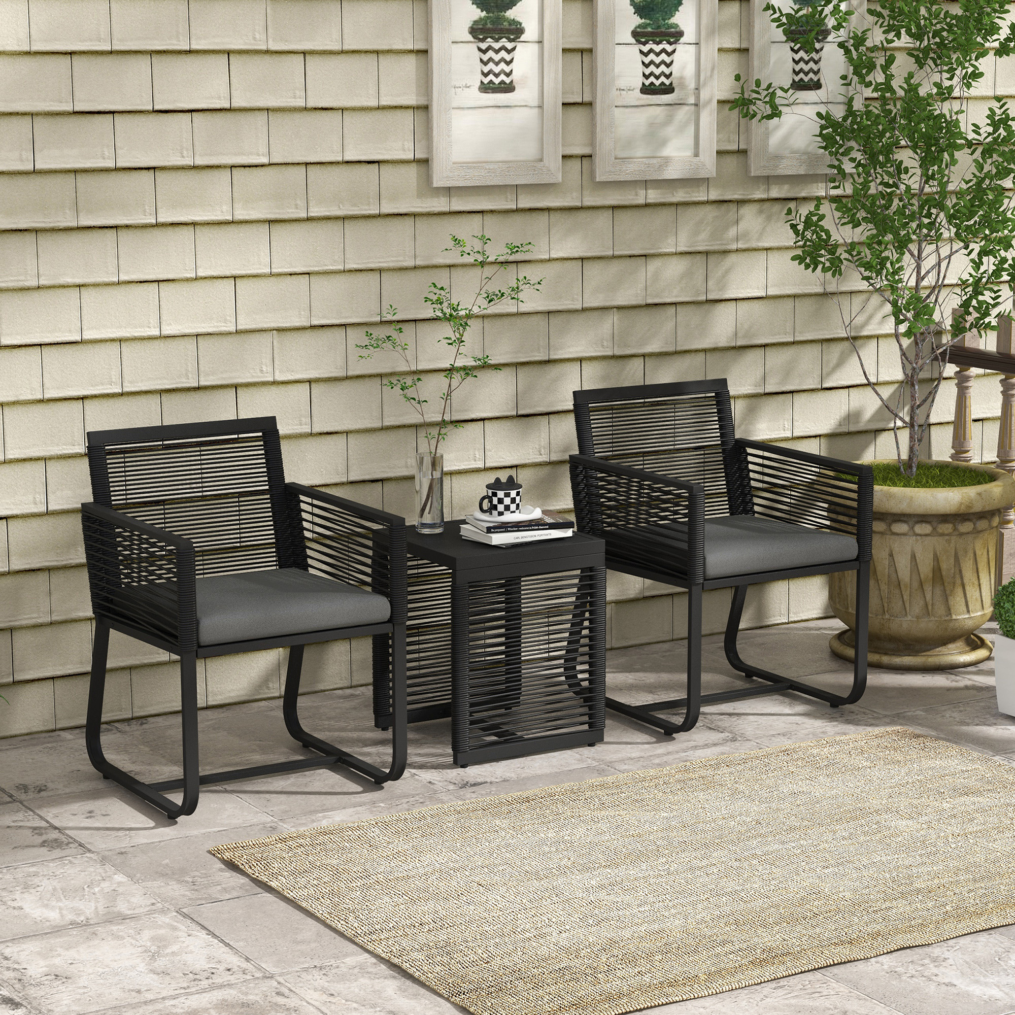 3-teiliges Bistro-Set Balkon-Set Terrassen-Set, wetterbeständig, modernes Design, 53 cm x 57 cm x 77 cm, Schwarz + Grau