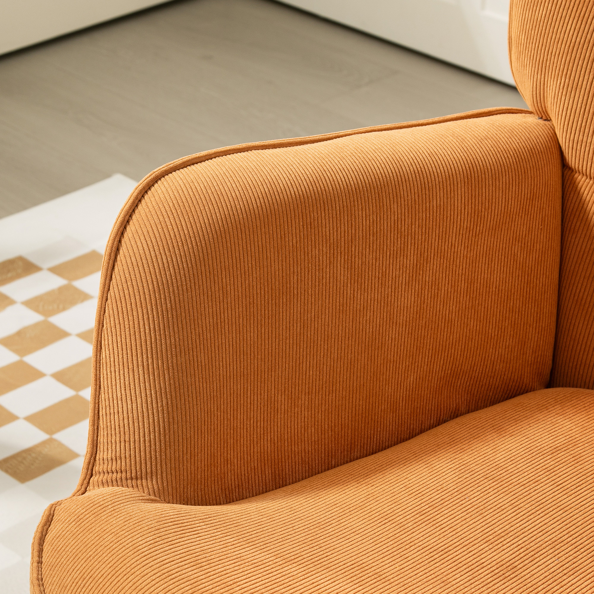 Akzentsessel mit Hocker, Relaxsessel in Cord-Optik, Armlehnstuhl mit Holzbeinen, für Wohnzimmer, Braun