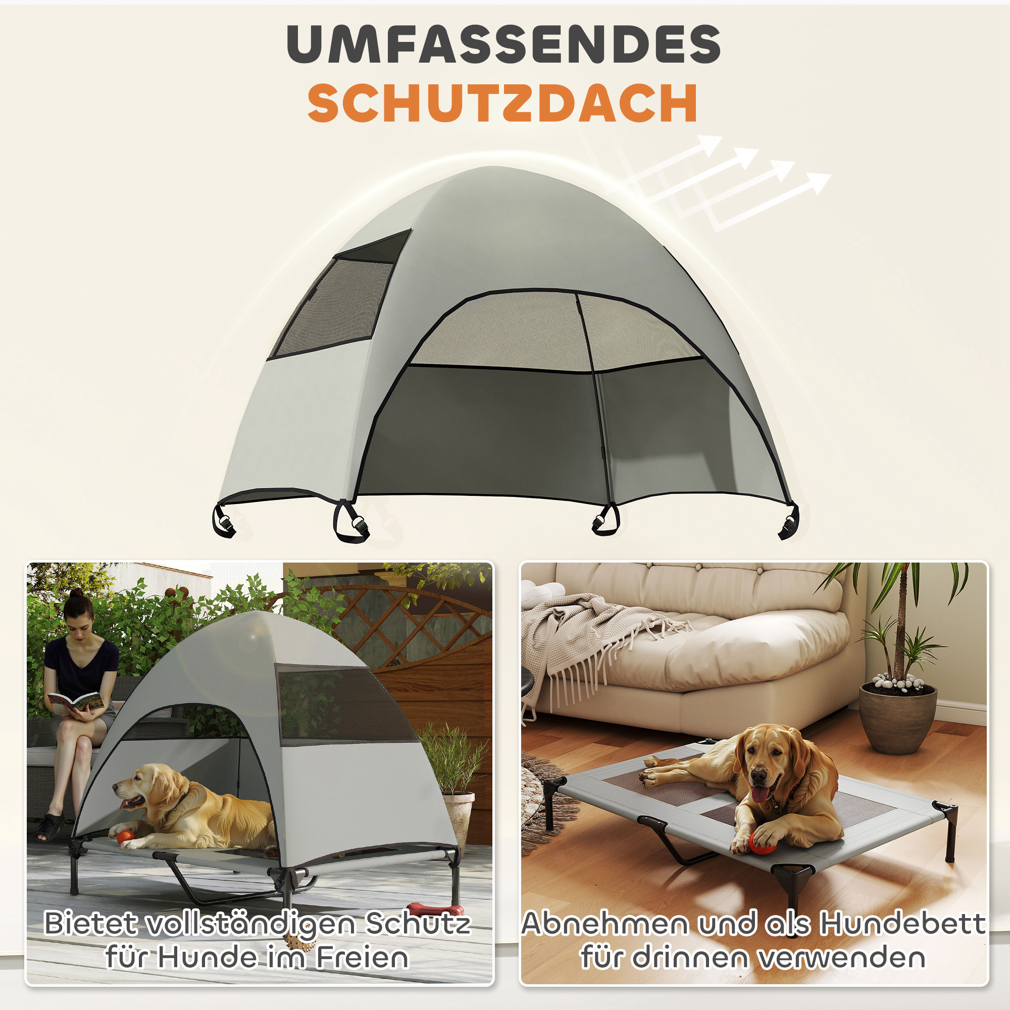 Hundeliege Outdoor mit Dach, erhöhtes Hundebett für Große Hunde, 106 x 76 x 99 cm, Hellgrau