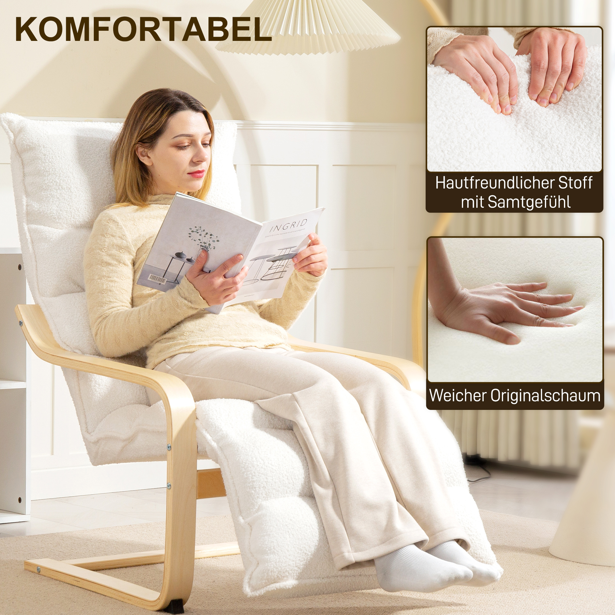 Lounge-Sessel aus Birkenholz, Polstersessel, verstellbare Fußstütze, Weiß