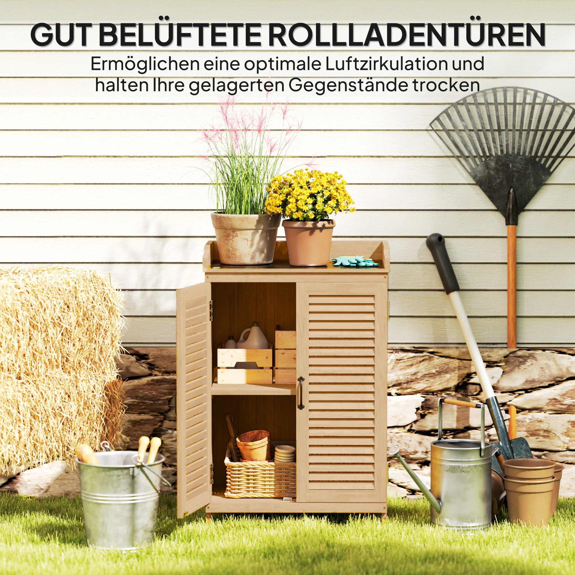 Gartenschrank Holz, Geräteschuppen mit Arbeitsfläche, wetterfest Geräteschrank, 65,5x40x98,5cm Gelb