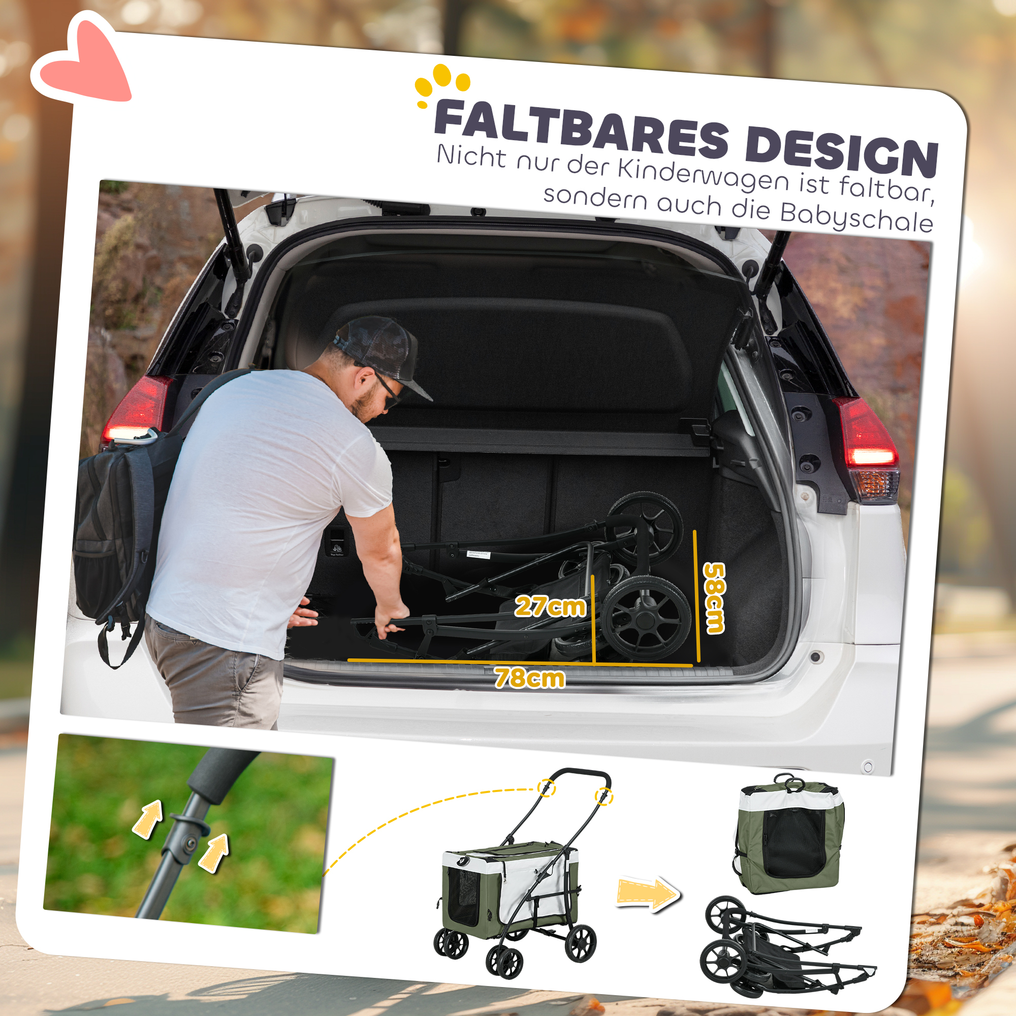 Hundbuggy Haustierbuggy Hundewagen, klappbar, abnehmbarer Korb, 81 x 58 x 97,5 cm, Schwarz+Dunkelgrün+Weiß