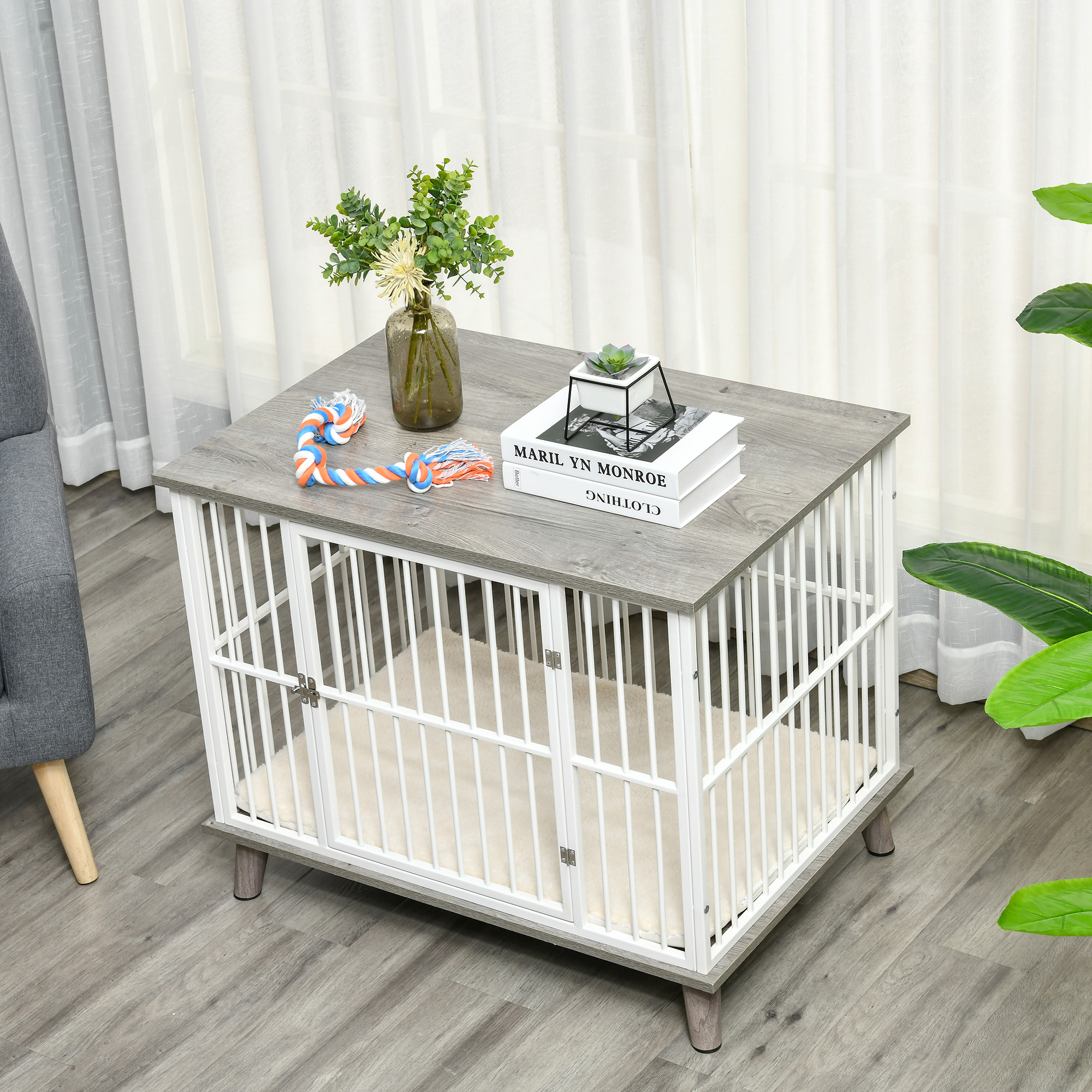 Hundekäfig aus Holz, Hundebox, Transportbox, mit Kissen, 86 cm x 60 cm x 70 cm Holzwerkstoff Stahl Weiß + Grau