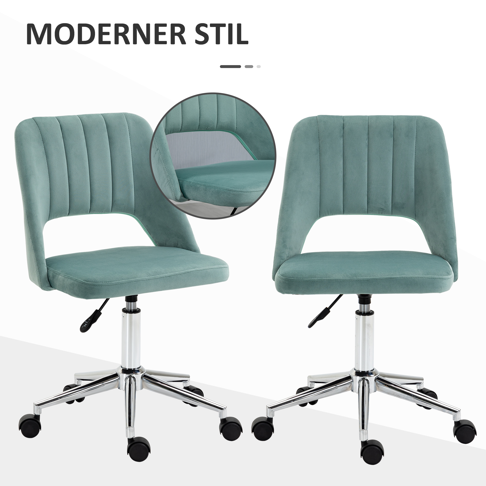 höhenverstellbarer Schreibtischstuhl mit Rollen, 360° drehbar, Jakobsmuschel-Form, Schaumstoff, 49 x 60 x 79-91 cm, Grün