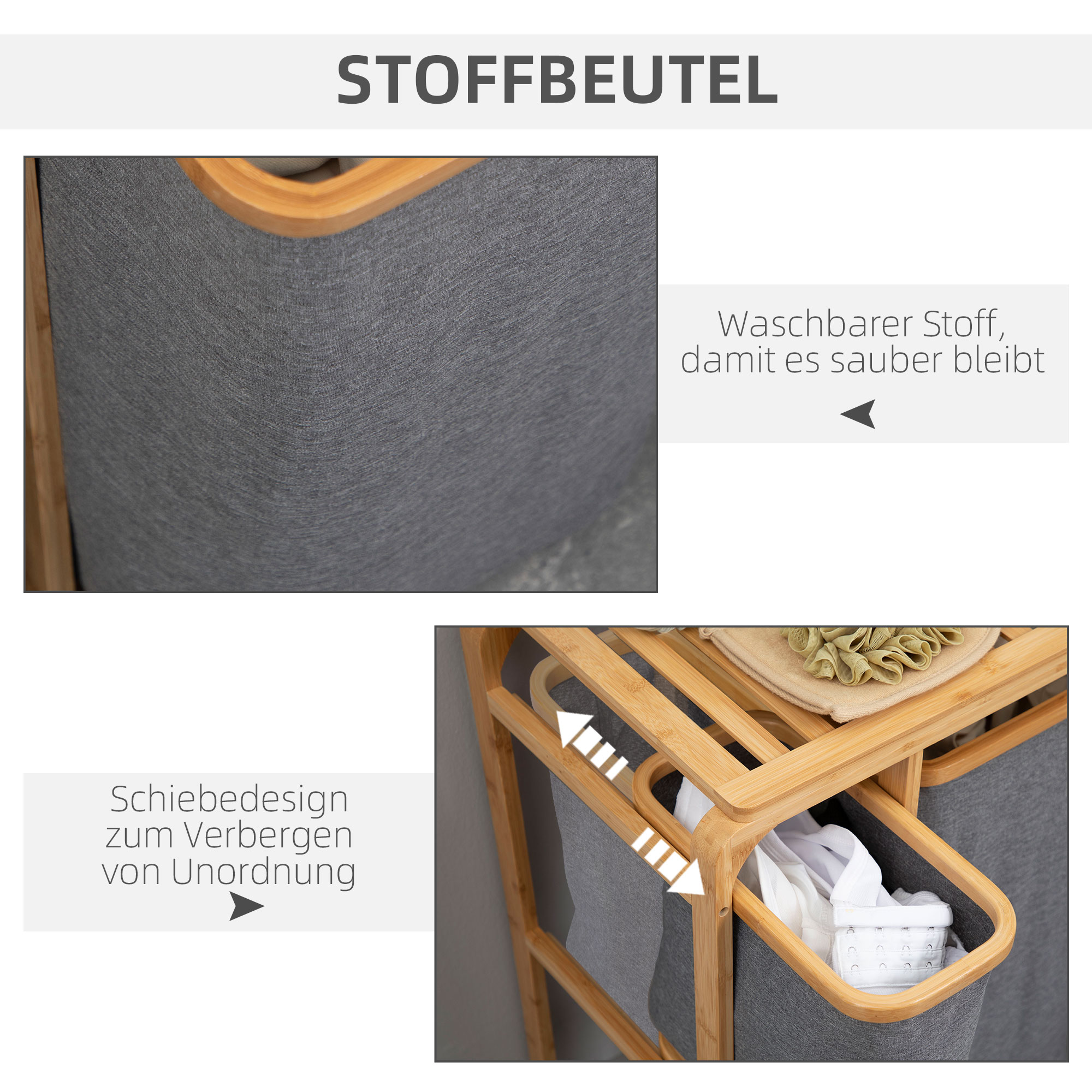 Wäschekorb aus Bambus , 3 abnehmbare Körbe 50 cm x 32 cm x 69,7 cm Natur Grau