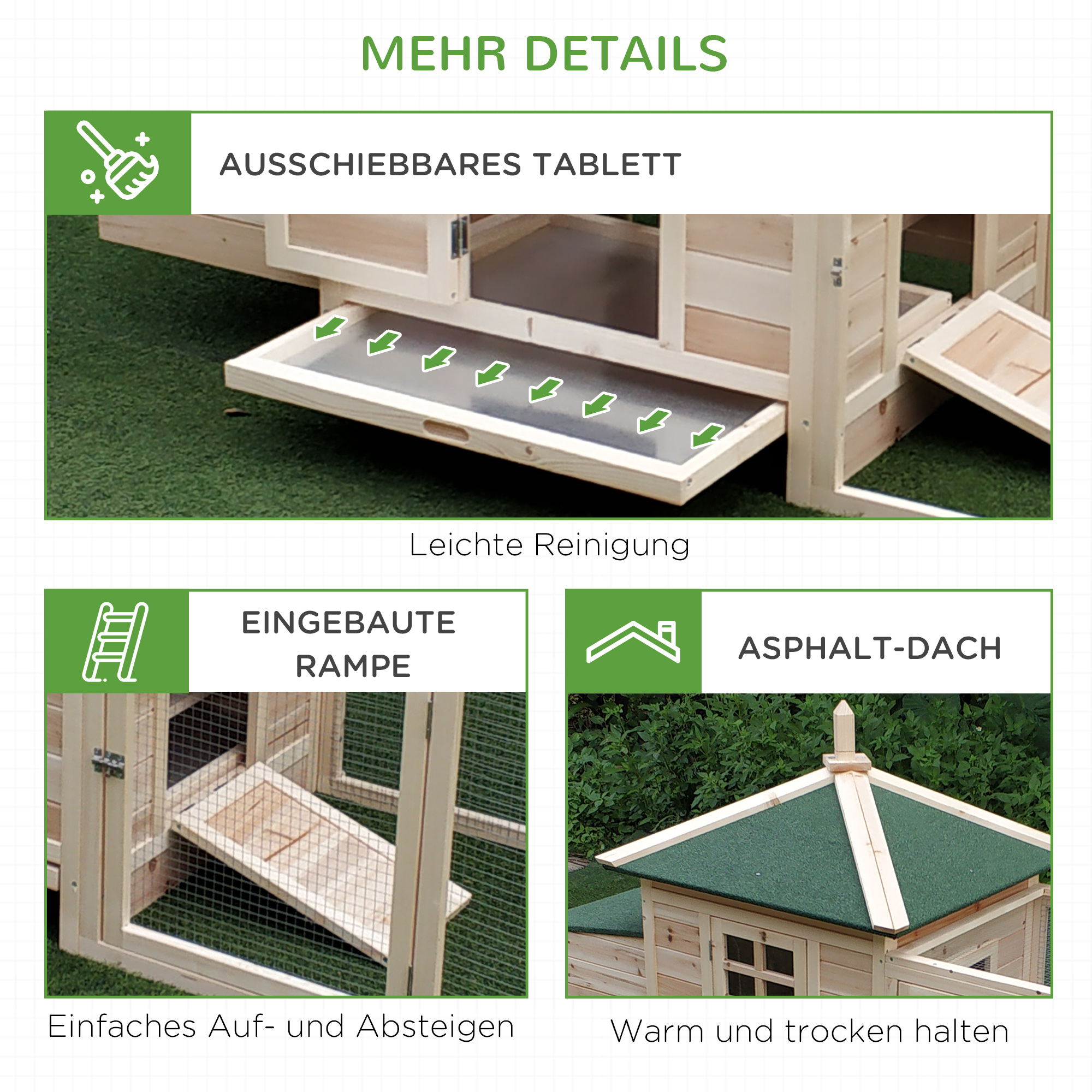 Hühnerstall für Zwerghühner 196 x 76 x 97 cm witterungsbeständig Hühnerhaus mit Nistkasten, Freilaufgehege Sitzstange, Kleintierstall aus Holz für 1-2 Hühner, Natur