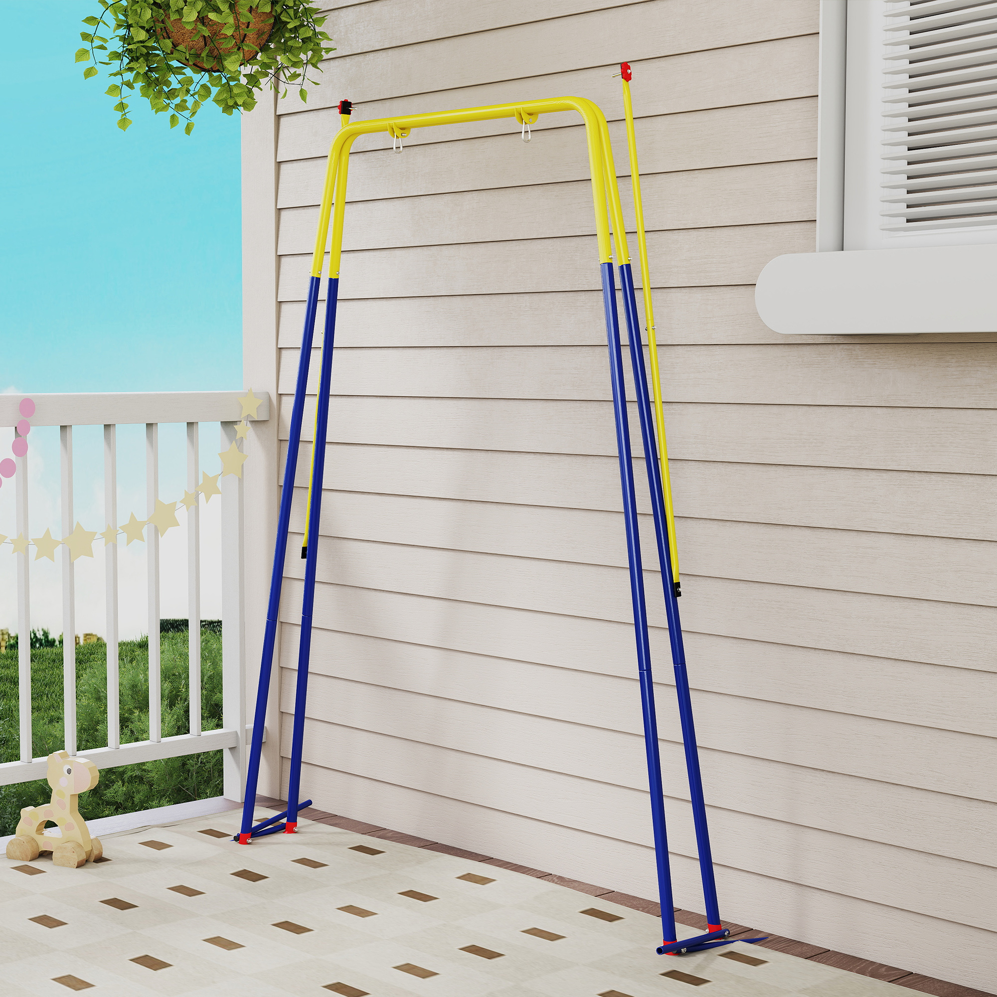 Faltbar Schaukelgestell mit A-Rahmen, 2 Haken, 4 Bodenankern, für 9 Monate bis 8 Jahre Kinder 128x155x157 cm Blau