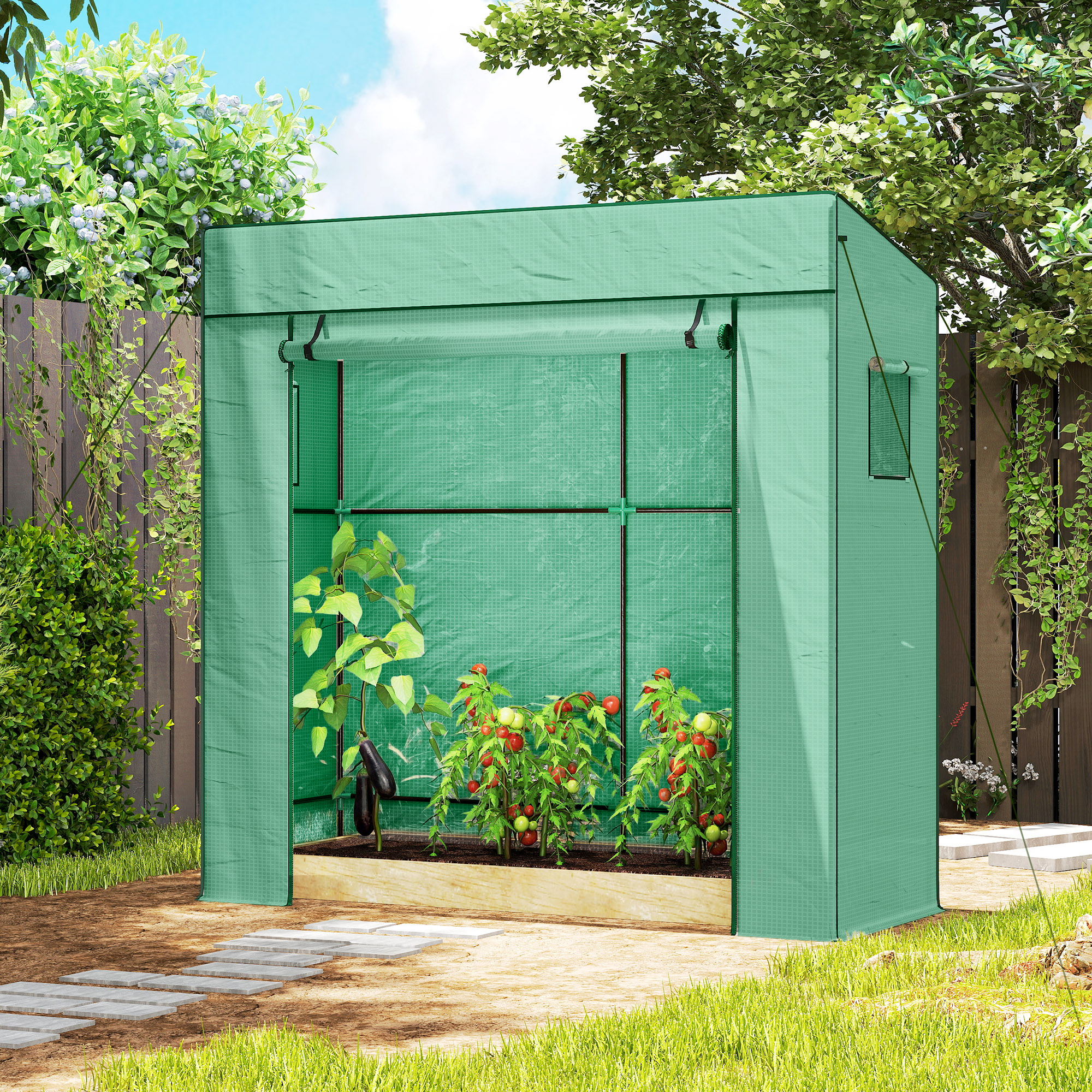 Tomatengewächshaus Foliengewächshaus mit Rolltor Mesh-Fenster Schrägdach 196 x 77 x 197 cm Grün