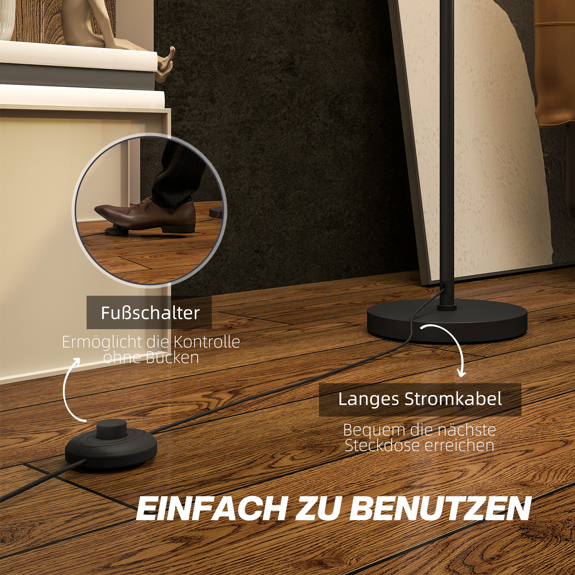 Stehlampe, zweifarbiger Lampenschirm, Fußschalter, Metall, Schwarz