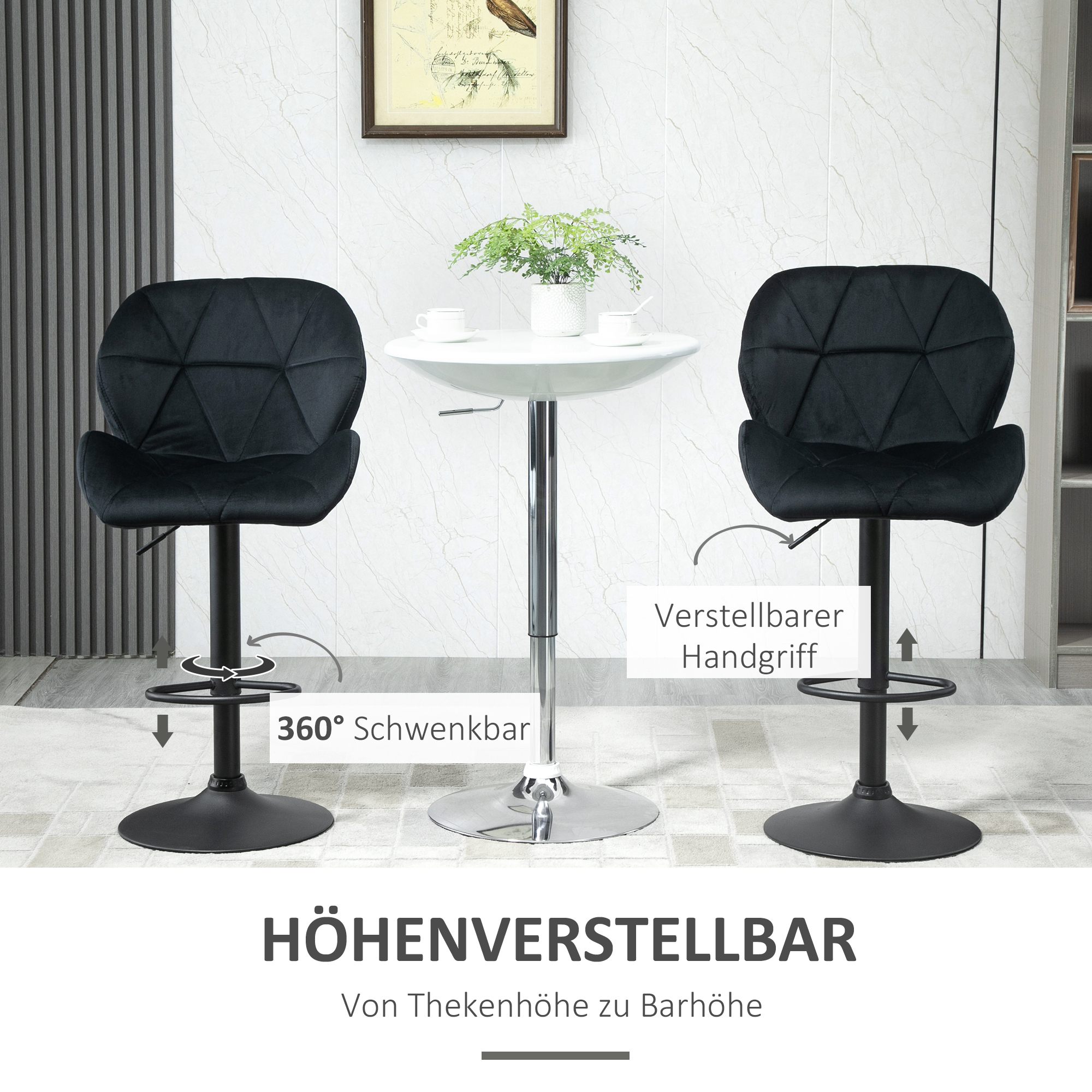 2er-Set Barhocker drehbare Barstühle mit Lehne höhenverstellbarer Bistrohocker Tresenhocker Samt Touch armloser Schaumstoff Schwarz 51,5x 57,5 x 93-114,5 cm