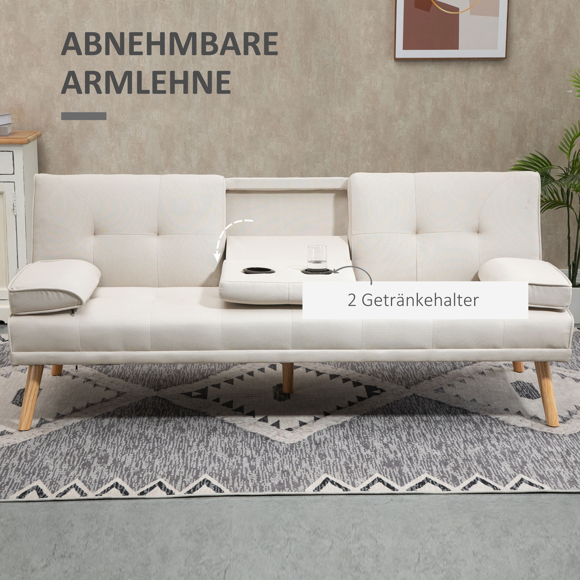 Schlafsofa 3-Sitzer, neigbare Rückenlehne mit Klapptisch, zwei Armpolster, Leinenoptik, beige, 181 x 77 x 78 cm