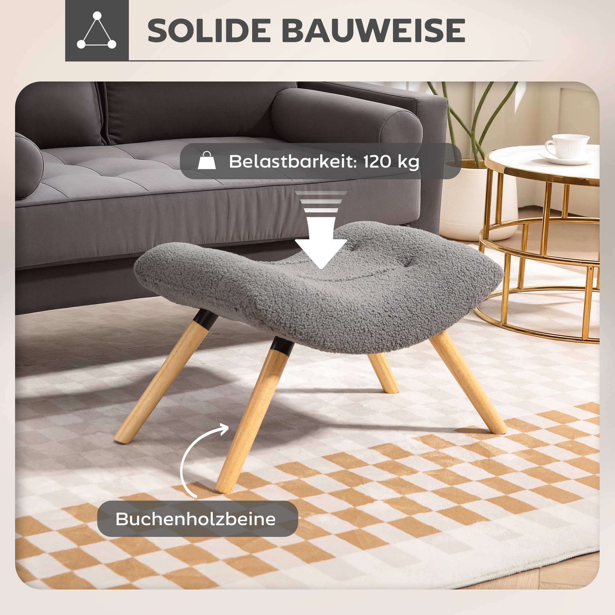 moderner Fußhocker mit Fleece-Bezug und Holzbeinen, gepolstert, für Wohnzimmer, Schlafzimmer, Flur, Dunkelgrau