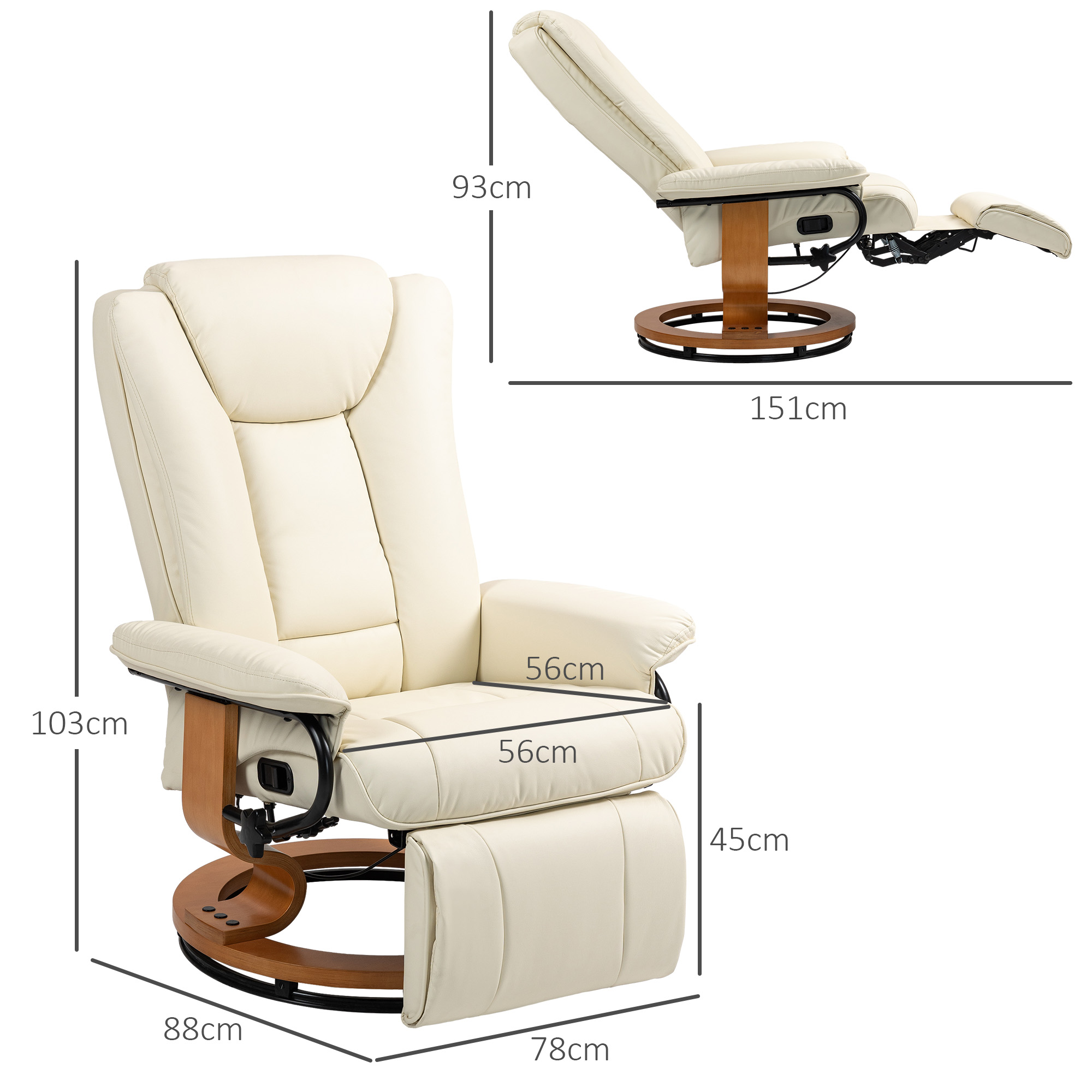 Relaxsessel mit Liegefunktion, drehbar, bis 150 kg, Kunstlederbezug, Stahlrahmen, Cremeweiß