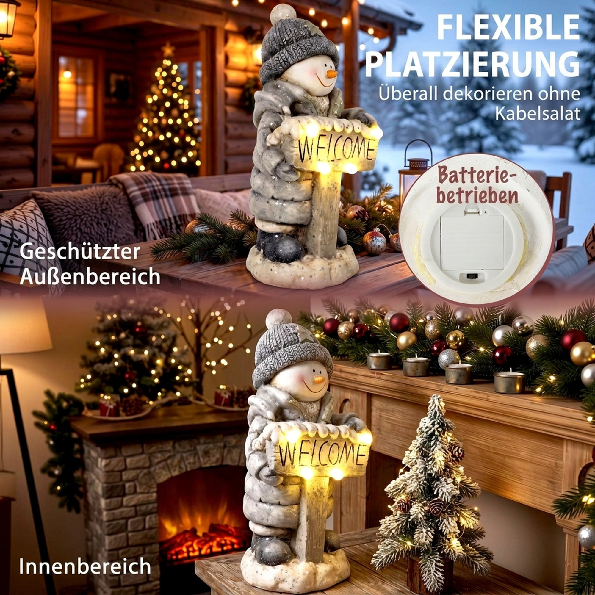 Weihnachtsdeko Schneemann-Figur, beleuchtete Weihnachtsstatue aus MGO mit Welcome-Schild, LEDs und Tages-Timer