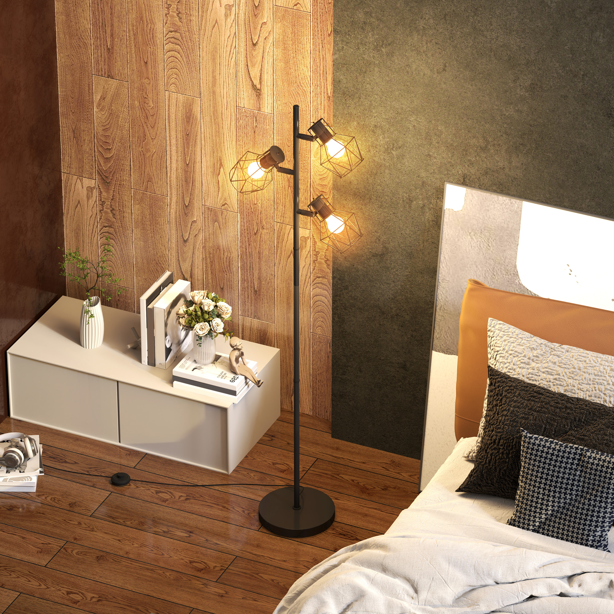 3-Licht-Stehlampe mit flexiblen Leuchtelementen, baumähnliche Struktur, für Wohnzimmer und Schlafzimmer, Metall, Schwarz