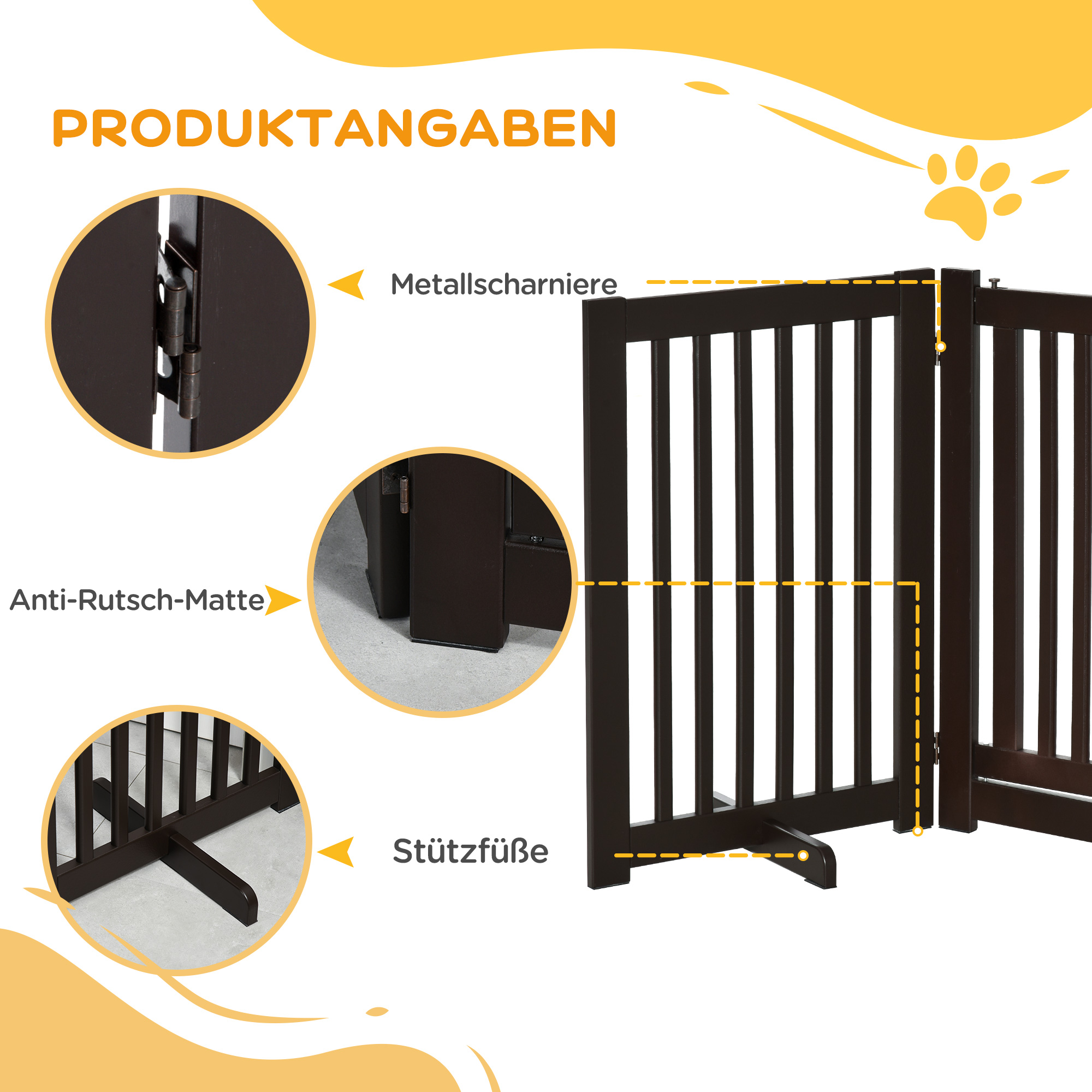 Absperrgitter Hund Freistehendes Verstellbares Schutzgitter mit Füßen 155 x 76 cm Holz Hundegitter Klappbar Treppenschutzgitter für Treppen, Türen, Küche, Flur, 3 Paneelen, Dunkelbraun