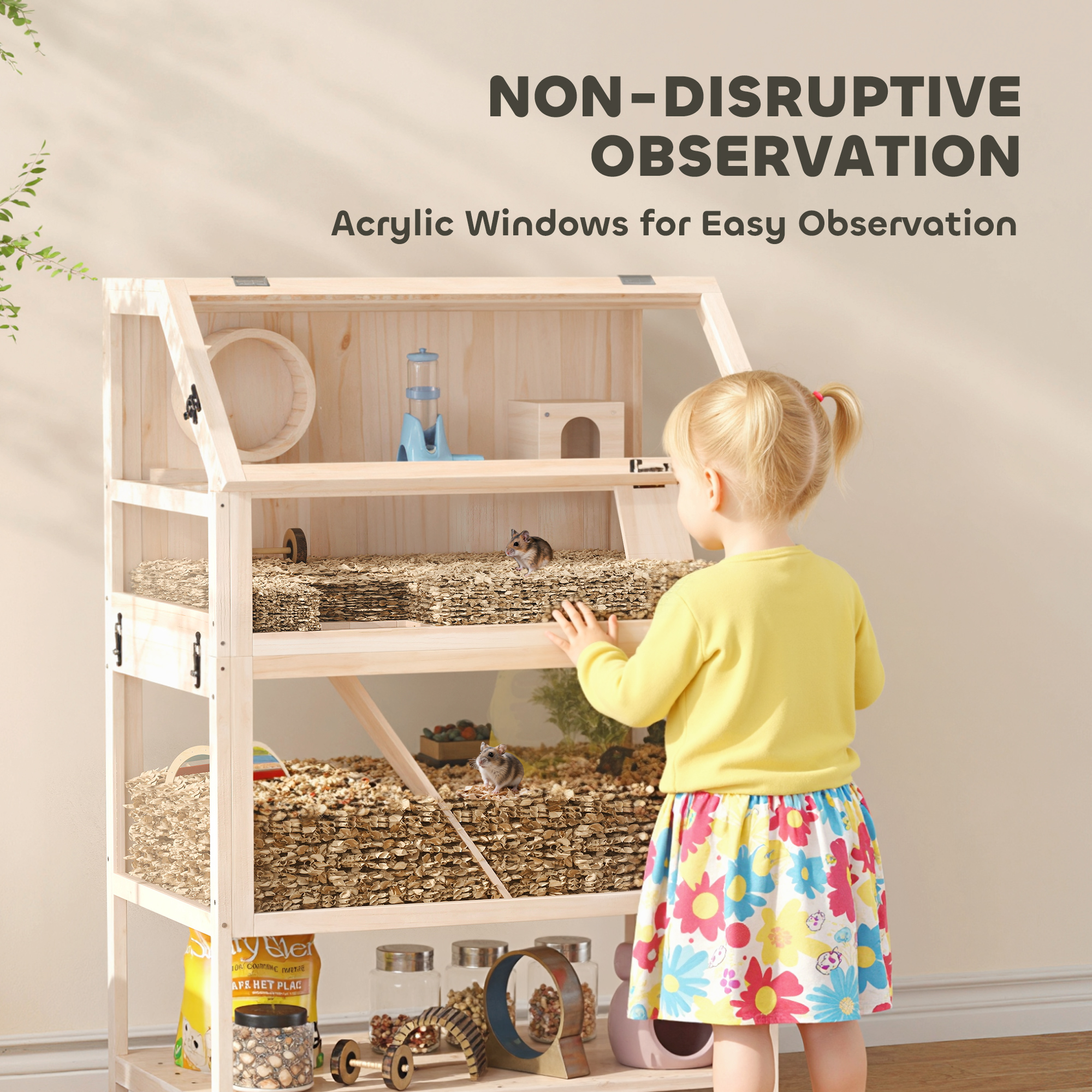 Hamsterkäfig aus Holz 3 Etagen Nagerkäfig mit abnehmbar Boden Ablage Laufrad Wippe Rampe Hütte 80x53x117cm Naturholz