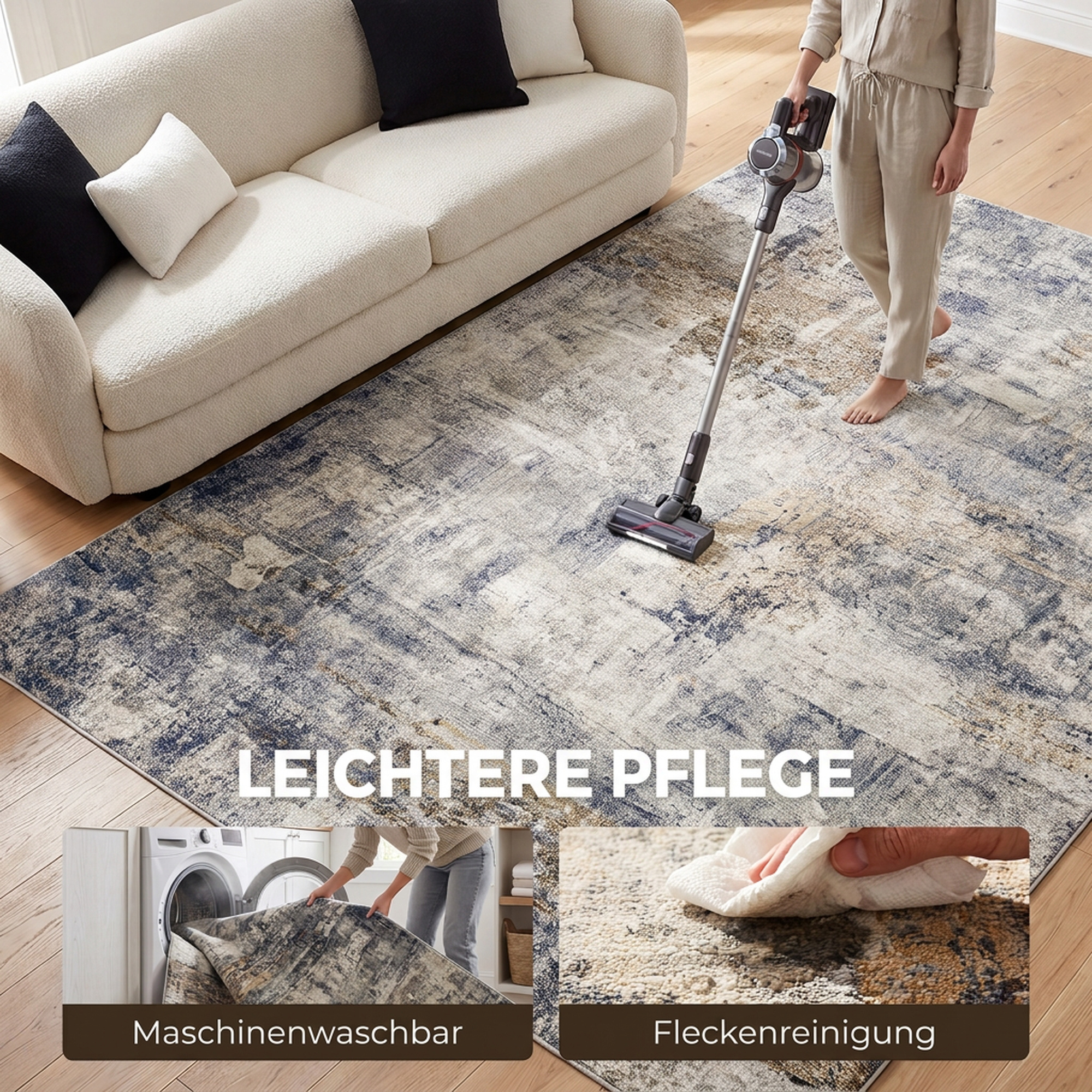Wohnzimmerteppich, Polyester, modernes künstlerisches Muster, waschbar, Grau
