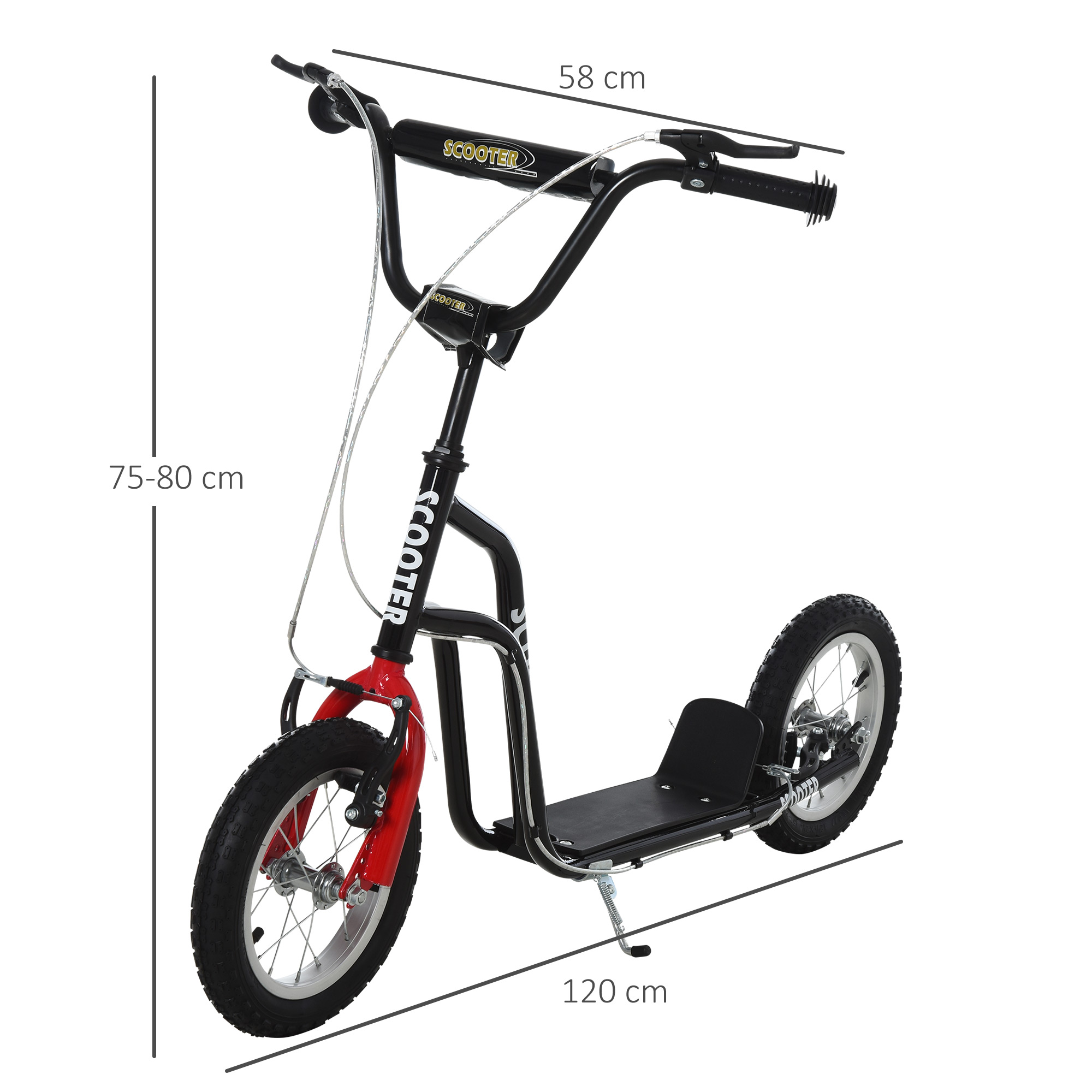 Kinderroller Lenker Verstellbar Scooter Tretroller Cityroller Kinder Roller Kickboard mit Luftreifen 12 Zoll ab 5 Jahre Schwarz 120 x 58 x 75-80 cm