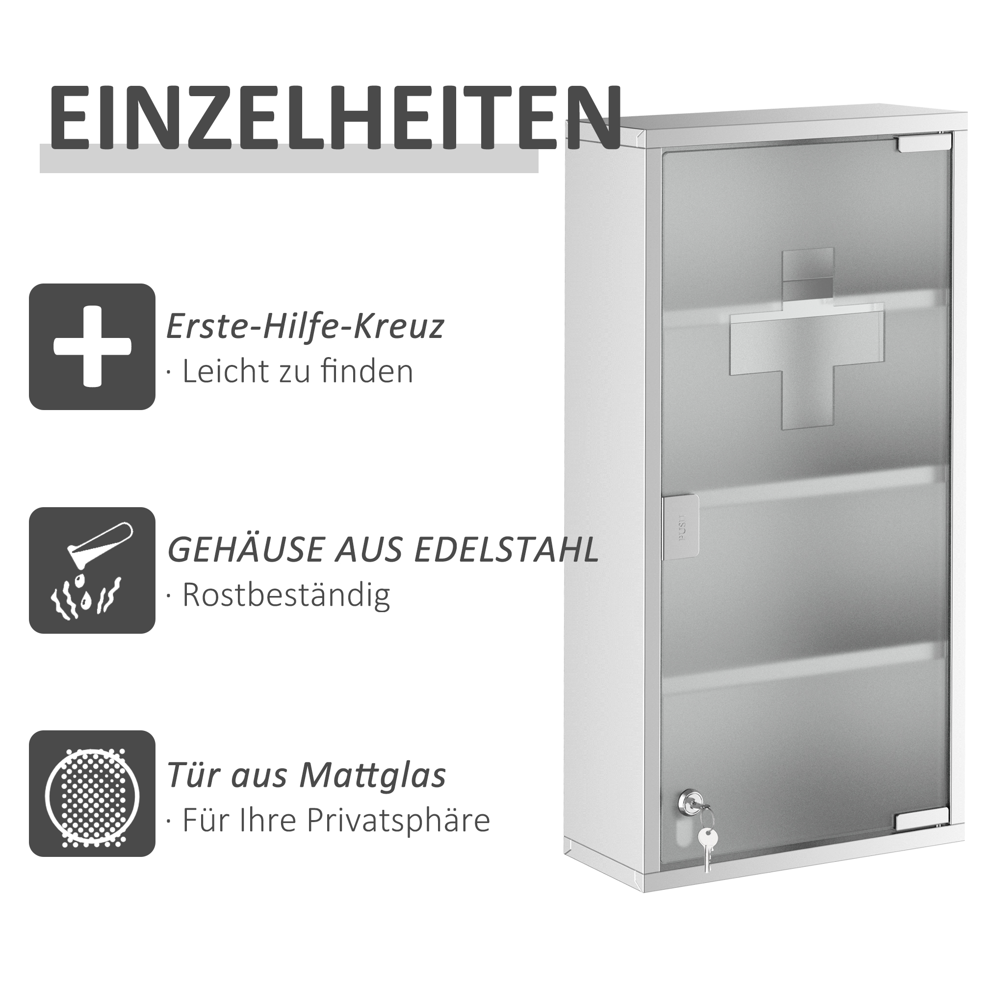 Medizinschrank Arzneischrank aus Edelstahl, Abschließbar Medikamentenschrank mit 4 Fächern, Glastür Apothekerschrank zur Medikamenten-Aufbewahrung, 30 x 12 x 60 cm