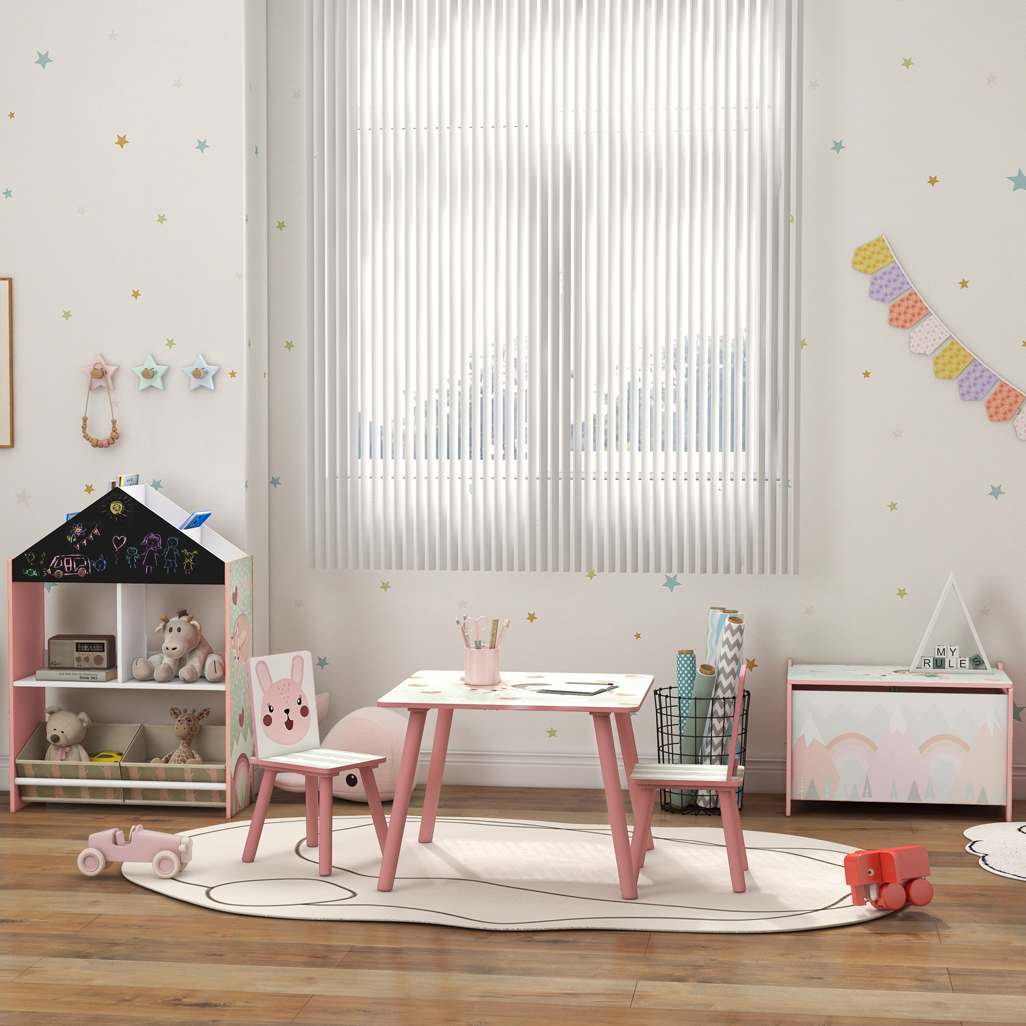 Kindersitzgruppe aus Kiefernholz, Tisch mit 2 Stühlen, Tiermotiv, Kinderzimmer, 3-8 Jahre, Rosa