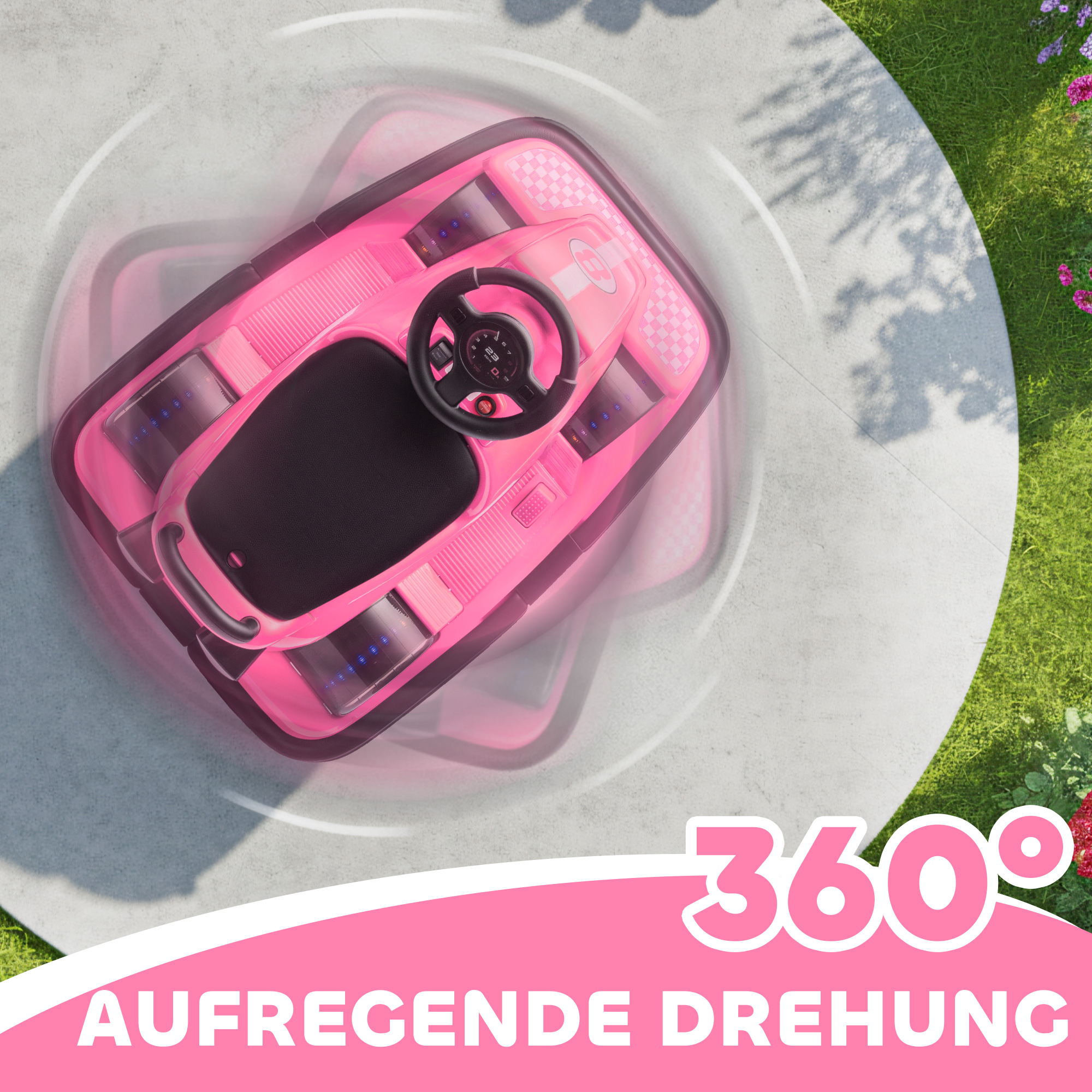 Autoscooter für Kinder, um 360 Grad drehbar, Lenkrad, LED-Lichter, Musikfunktion, 3-8 Jahre, Rosa