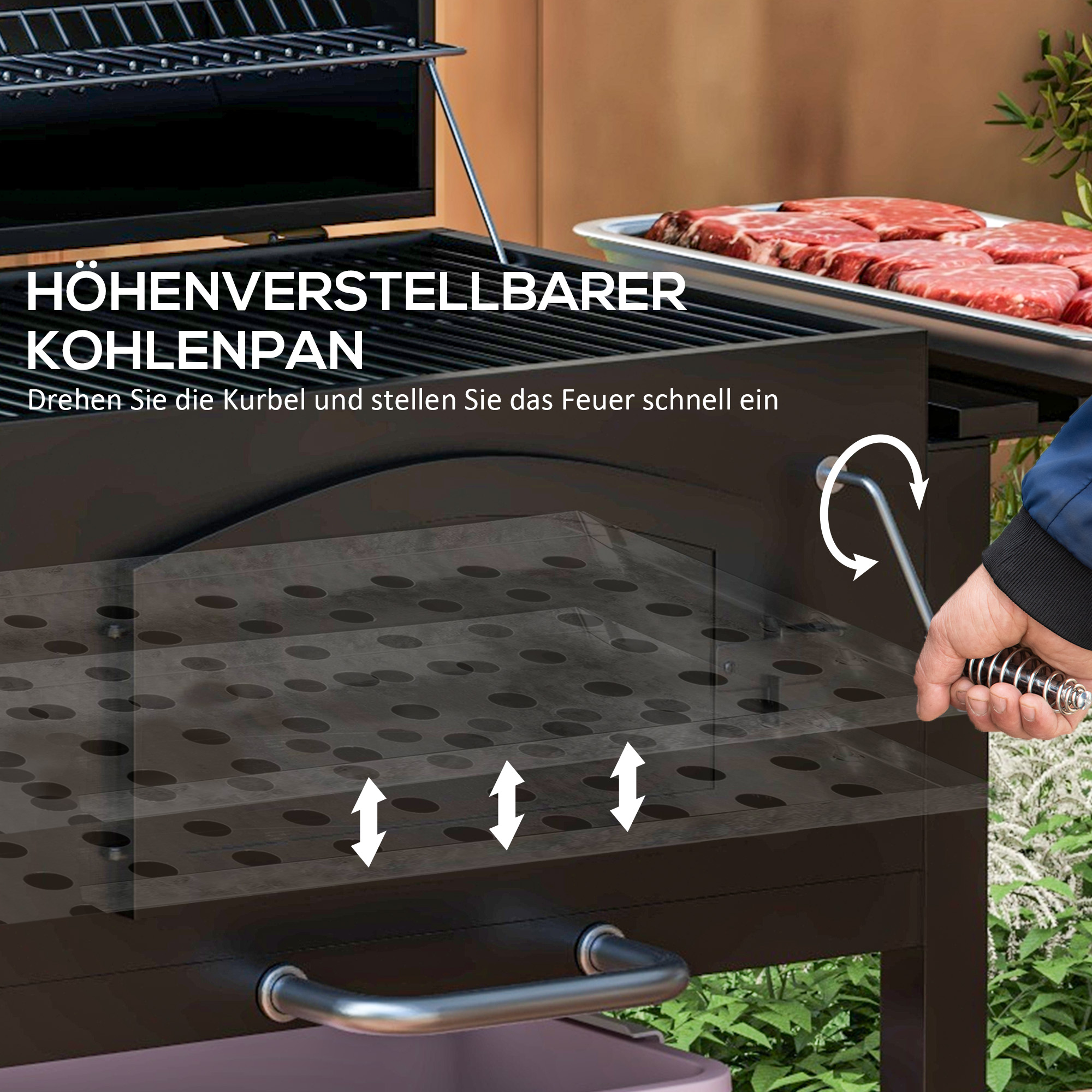 Holzkohlegrill BBQ-Grill Smoker, verstellbares Kohlefach, Seitenablagen, 124 x 66 x 112 cm, Schwarz