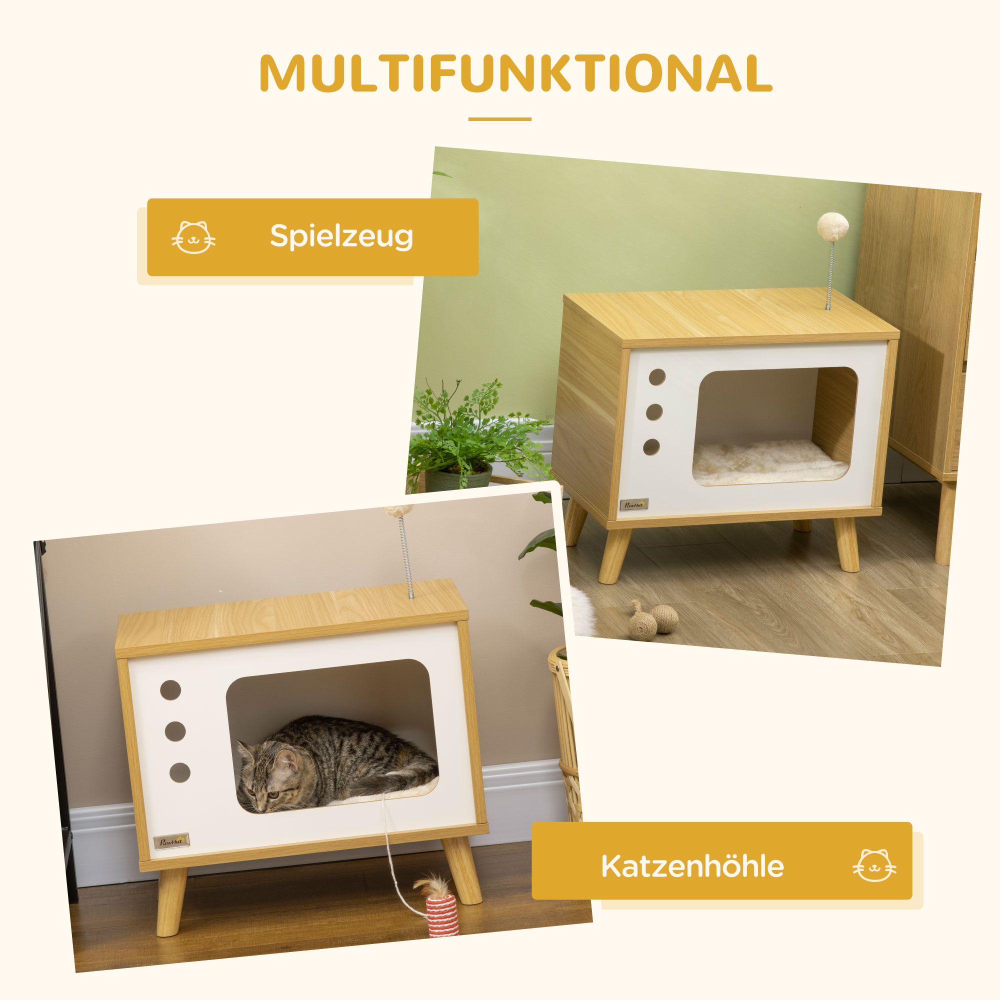 Katzenhöhle imTV-Design inkl. Spielzeug, waschbares Kissen, 50 cm x 28 cm x 43 cm, Eiche + Beige + Weiß