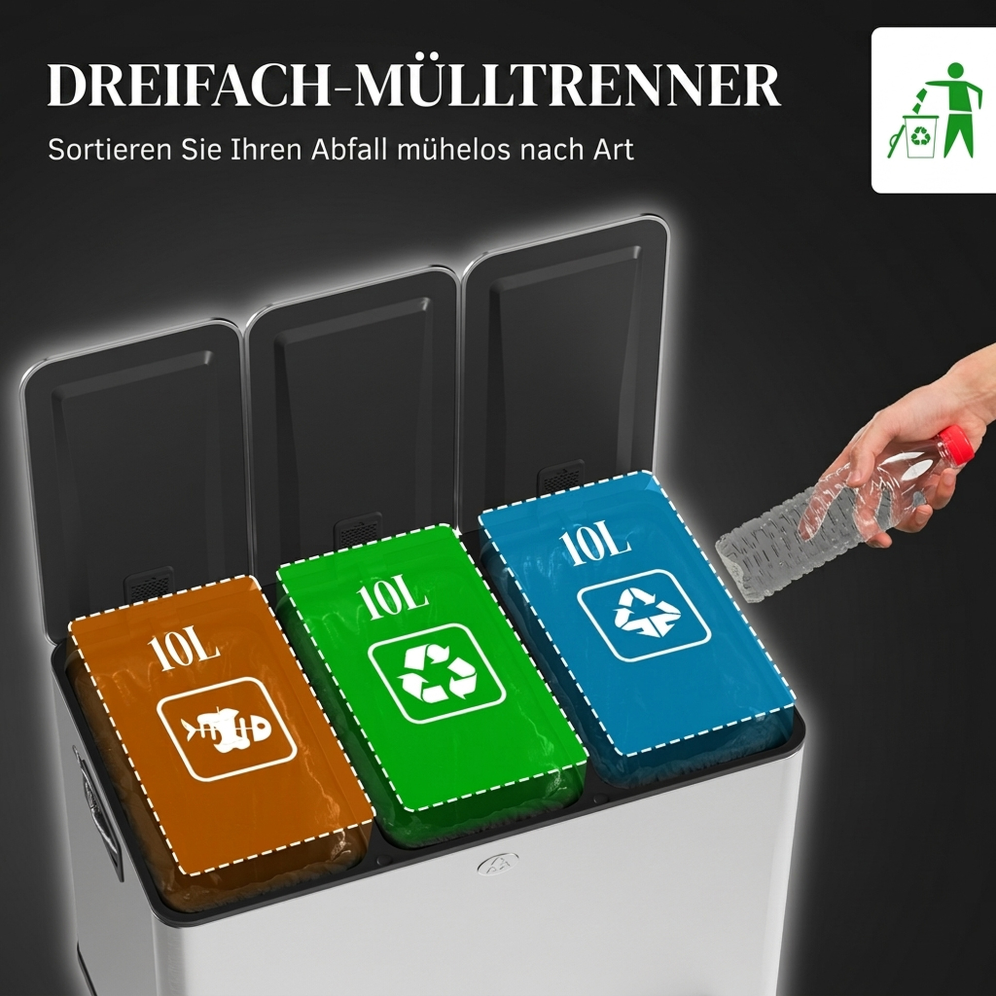 Mülleimer mit 3 x 10 L Fächern, Deodorant-Deckel, fingerabdrucksicher, Soft-Close, herausnehmbar, Silber