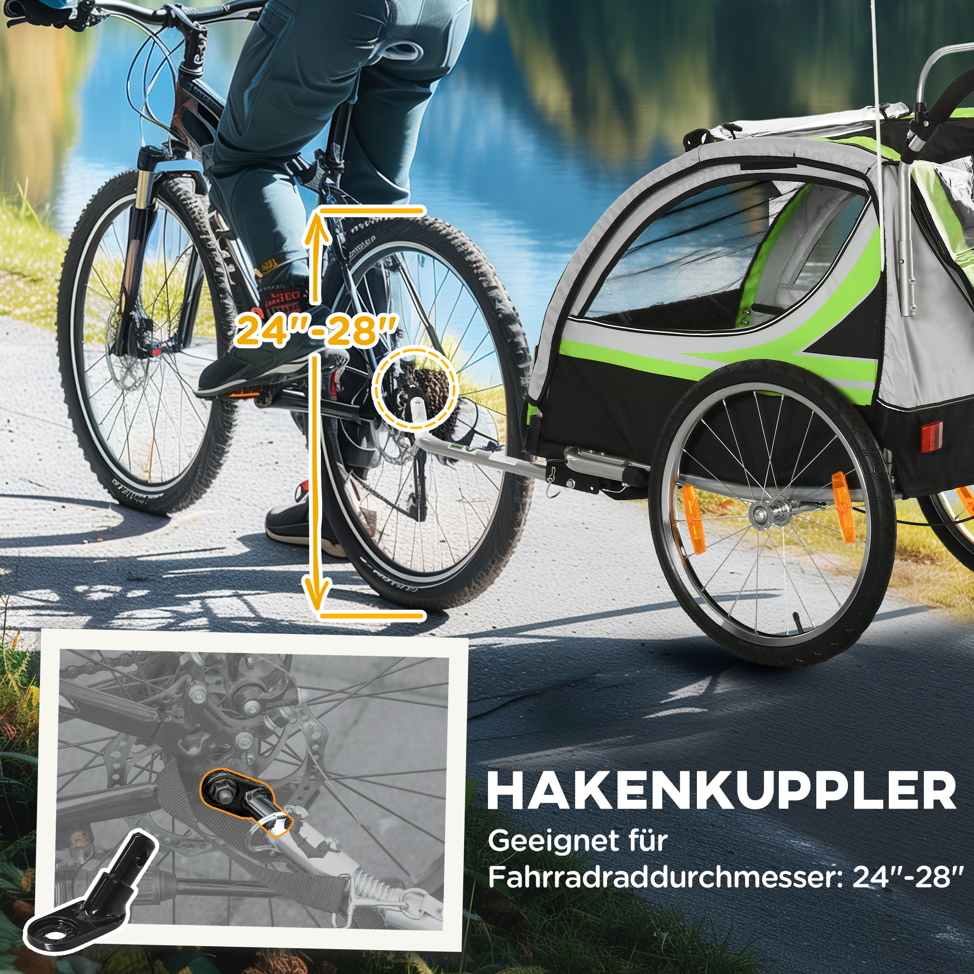 2-in-1 Fahrradanhänger für 2 Kinder, Schiebefunktion, Regenschutz, Bremse, Grün