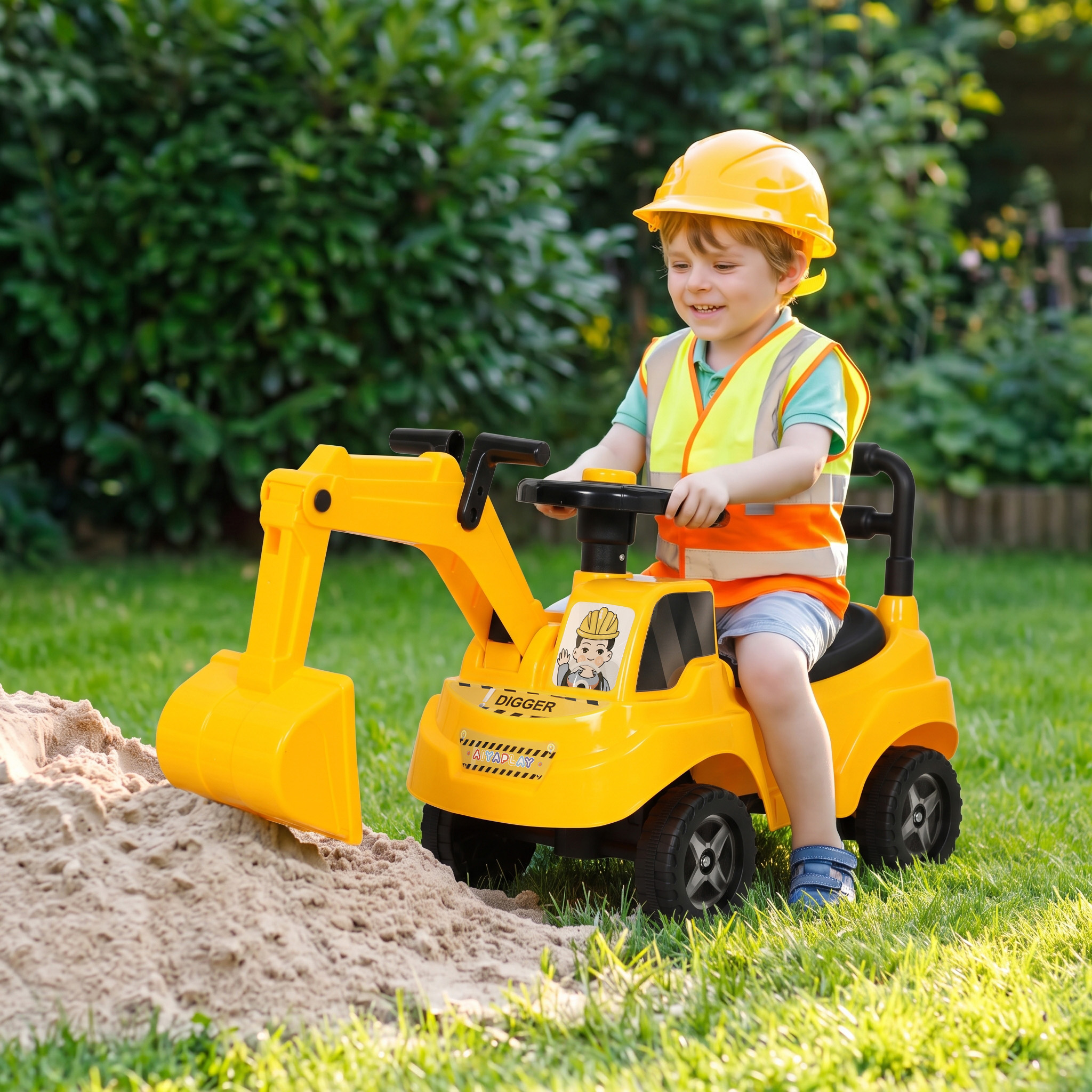 Sitzbagger Kinder Aufsitzbagger mit Schaufel Lenkrad Kinderbagger mit Hupe, Stauraum unter dem Sitz für 1-3 Jahre