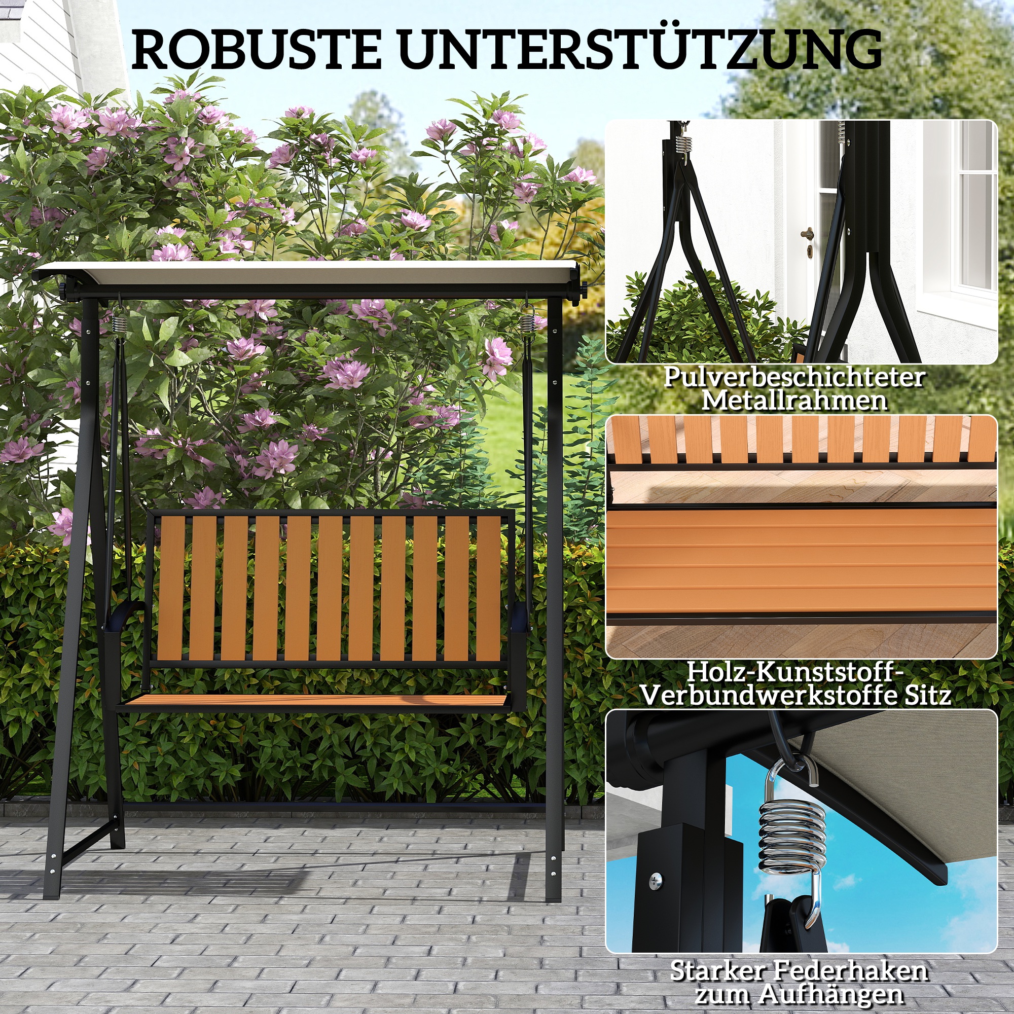 Hollywoodschaukel mit verstellbarem Sonnendach, 2-Sitzer Gartenschaukel 142 x 112 x 162cm, Schwarz